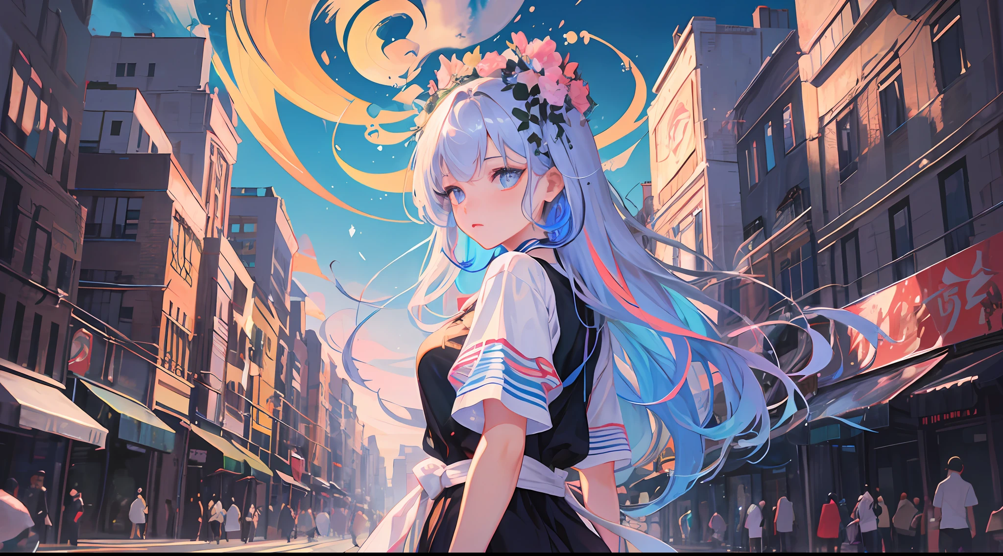 (Masterpiece), (Best Quality), (Super Detail), (disheveled Hair), (Illustration), (1 Girl), (Fashionable Clothes), Standing, Fashion Model, Looking Back, (Interview), (Brief Background), Beautiful Detailed Eyes, Delicate Beautiful Face, Floating, (High Saturation), (Colorful Splash), Colorful Bubbles, (Shining), Focus on Face, Kana Arima, Crimson Hair, Bangs, Hair rings, floating hair. girl, anime wife, looking far away, very detailed, reflective transparent iridescent color, long transparent iridescent RGB hair, art station art bee ssela fleur, thick acrylic, pixiv illustration, waist up portrait, gorgeous sacred girl, top quality, super detailed, sad, smart, beautiful face, beautiful Ryton black background, Character stvle rendered by Octane, background simple, street