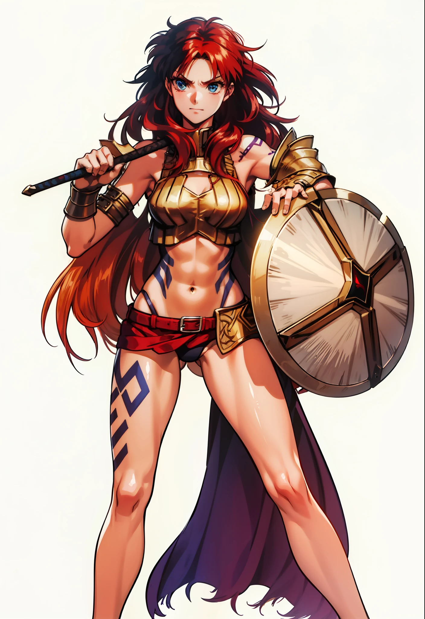 Boadicea, red-haired Viking warrior with Nordic armor and rune tattoos on her body and blooming blue eyes holding an axe, 4k