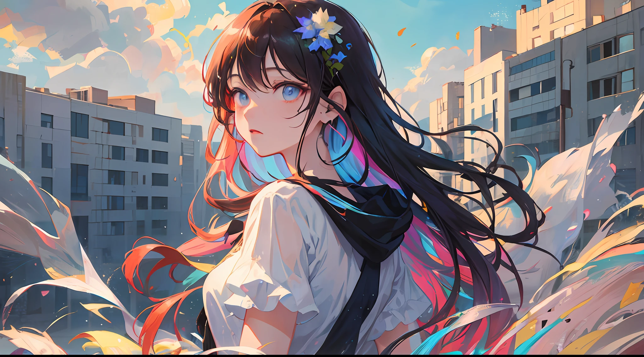 (Masterpiece), (Best Quality), (Super Detail), (disheveled Hair), (Illustration), (1 Girl), (Fashionable Clothes), Standing, Fashion Model, Looking Back, (Interview), (Brief Background), Beautiful Detailed Eyes, Delicate Beautiful Face, Floating, (High Saturation), (Colorful Splash), Colorful Bubbles, (Shining), Focus on Face, Kana Arima, Crimson Hair, Bangs, Hair rings, floating flowers, floating hair. girl, anime wife, looking far away, very detailed, reflective transparent iridescent color, long transparent iridescent RGB hair, art station art bee ssela fleur, thick acrylic, pixiv illustration, waist up portrait, gorgeous sacred girl, top quality, super detailed, sad, smart, beautiful face, beautiful Ryton black background, Character stvle rendered by Octane, background simple