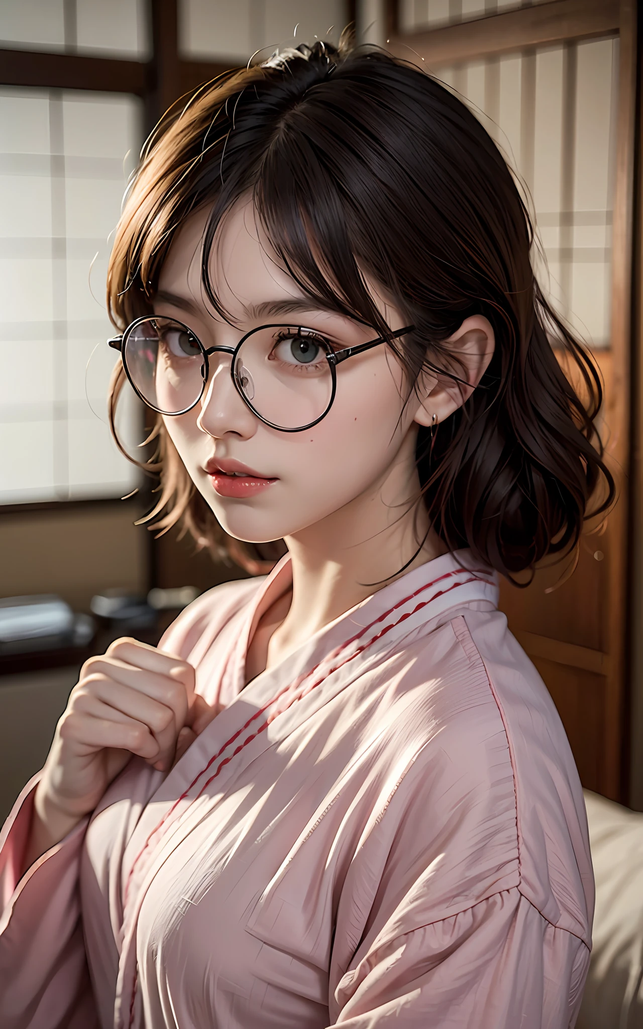 Top Quality, 8K, 4K, High Definition, Details Beautiful round glasses girl, dark hair girl, casual everyday clothes, classic ryokan Japanese-style room, upper body shown,