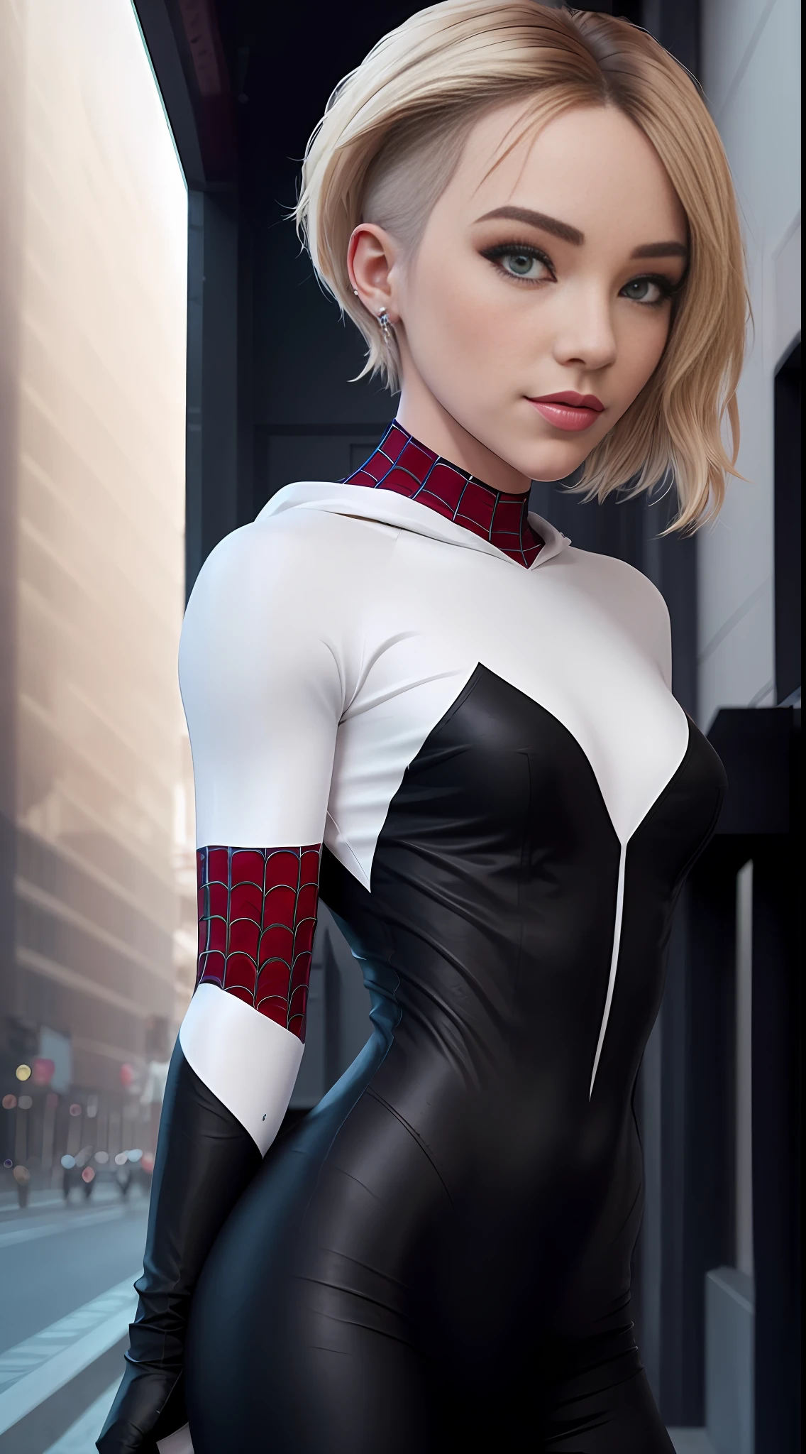 (masterpiece), ((best quality)), parted lips, light_smile, cinematic lighting, ultra-realistic, ((realistic)), (gwen_stacy), blonde_hair, short_hair, solo, sidecut, asymmetrical_hair, parted_lips, eyebrow_piercing, (detailed face), beautiful 1girl, 1girl, looking at viewer, (beautiful detailed eyes), bodysuit, spider-suit, white sweater, portrait, upper_body, (side of head shaved), (large breasts)