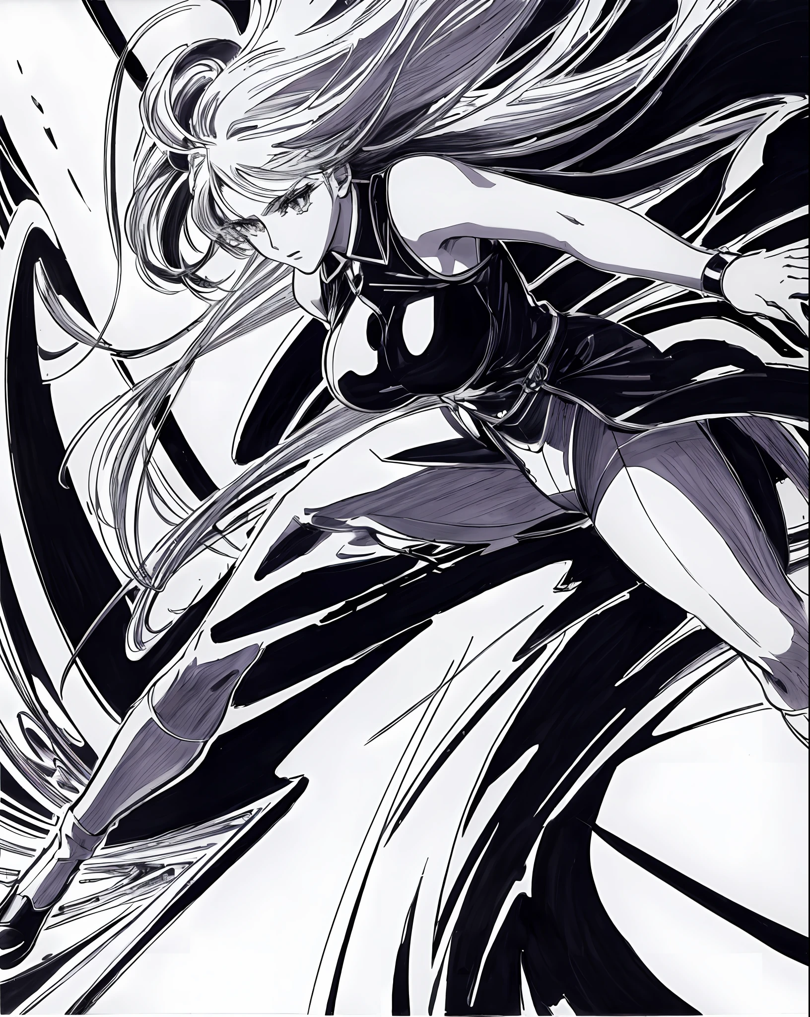Anime masterpiece, a drawing of a woman with long hair and long hair, beauty in demon killer art, perfect anime body, long legs, big breasts, full body movement, 4K manga wallpaper, full body fighting pose, realistic light and shadow, beautiful line art, strong line art, ink art, brush art, Kentaro Miura manga art style, his manga full body portrait, Kentaro Miura's manga style, Shigeri Aishima illustration, highly detailed fine doujin art, Detailed comic style