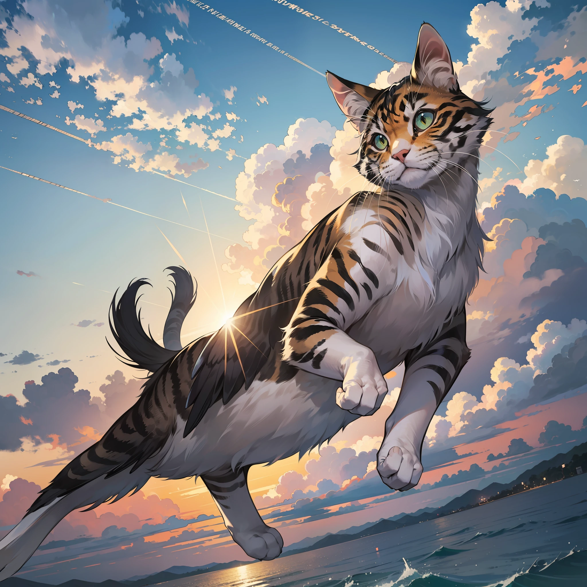 flying cat in cape, clouds, clouds, cloudy sky, outdoors, journey, sky, dusk, pleasant breeze, kagawa, seto inland sea, solo, full body, back view, animal, dynamic arrangement, dynamic angle, 8k, {{{masterpiece}}},