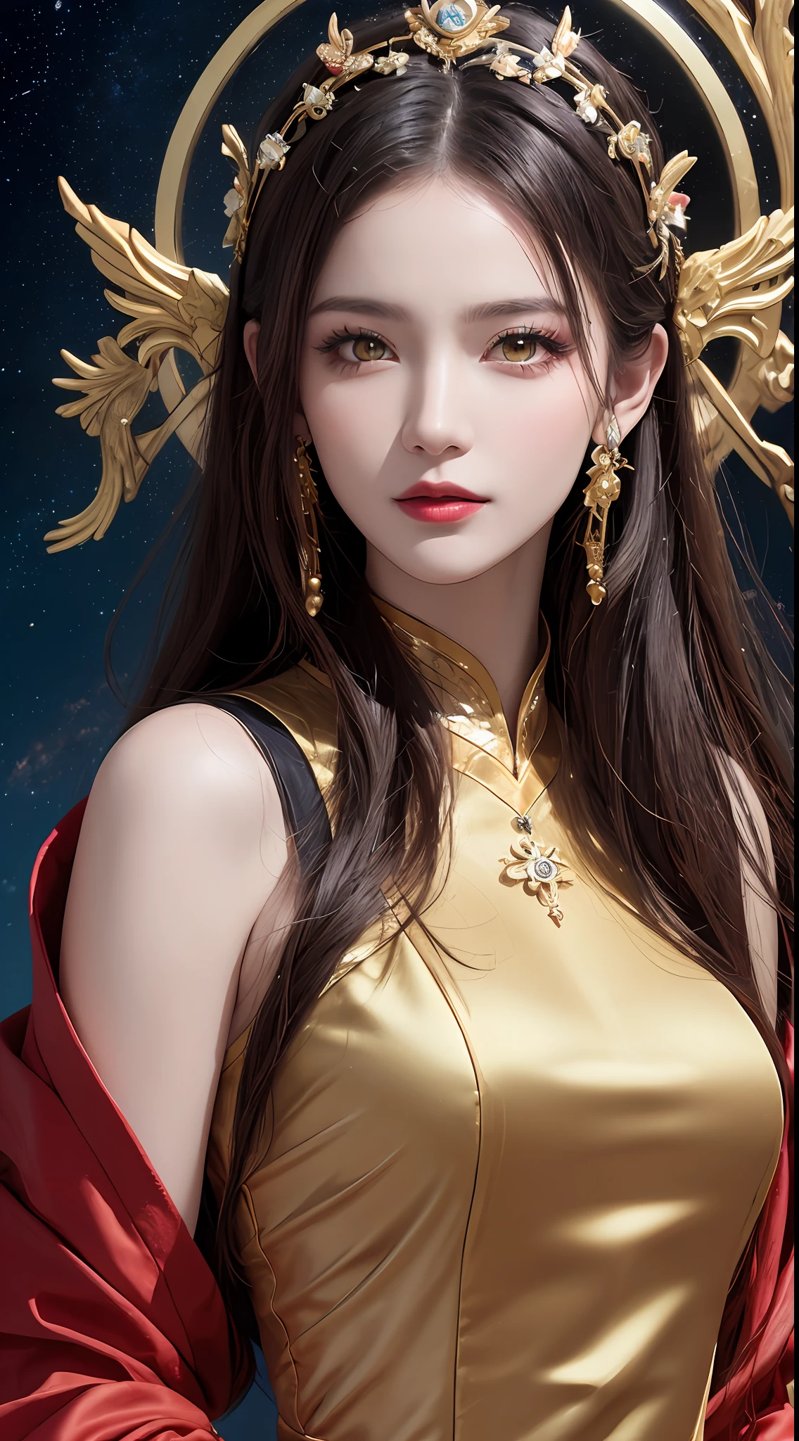 1 27-year-old girl, 1 zodiac goddess from the future, goddess of the pink and purple 12 zodiacs, the goddess of the zodiac in a yellow ao dai, a 12 zodiac ao dai with many black lace detail, mythology Goddess of the 12 zodiacs from the future, zodiac ♏, luxurious glittering zodiac style, dark and mysterious version, zodiac crown, lipstick lips red, thin and beautiful lips, Smile makes viewers fall in love, characters made by karol bak and pino daeni, intricate detail, detailed background, extremely detailed, light magic, a woman, clear face, look at the face of goddess zodialook at the zodiac goddess face, hair long with bangs, beautiful face in detail and well-proportioned eyes, (transparent yellow eyes: 1.8), big round eyes and very beautiful and detailed makeup, foresight, silk dress, mysterious makeup, double bangs and dyed light blonde, uper body, zodiac goddess uper body, arms hanging loosely, Realistic and vivid photo, (stars make up the zodiac: 1.7), (sky background zodiac and fictitious space and time portal: 1.8), fiction art, RAW photo, hanfu picture, best photo, best photo quality, 8k quality, 8k ultra, super realistic, real photo most economical, artistic portrait of goddess zodiac,
