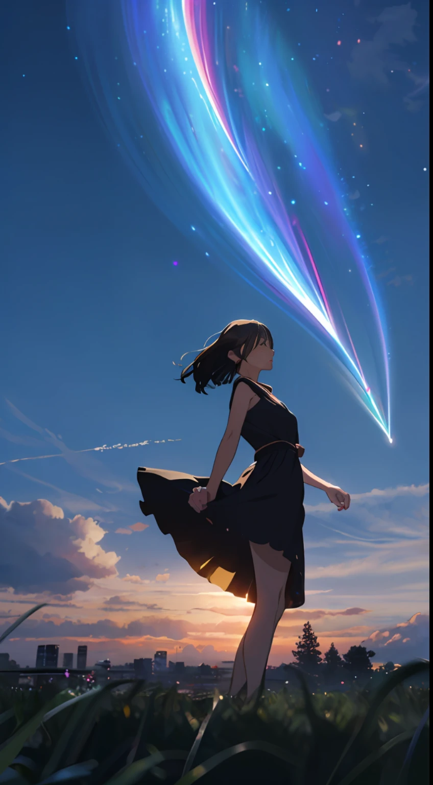 (night),(beautiful and magnificent skyline, majestic sky), (extremely tense and dramatic pictures, moving visual effects), (high hanging Polaris, colorful natural light), (1girl), (dynamic pose:1.3, black eyes, black hime-cut hair, sparkling girl)[:0.8], (large grassland), (oncoming breeze), (brown hair and background Coordination effect: 1.2), (close shot, long shot mix and match)[::0.9] --auto