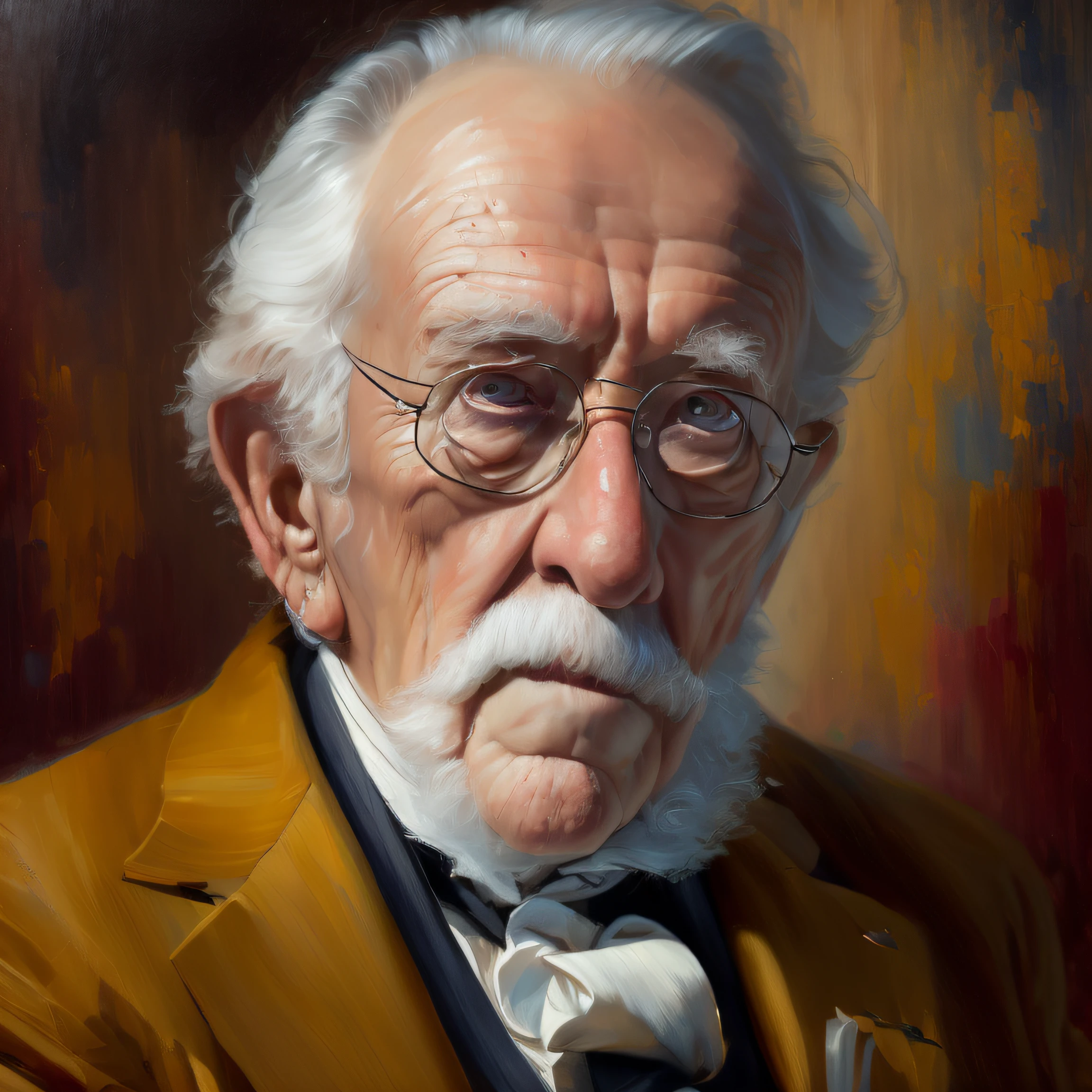 The 19th century, portrait of elder gentleman sitting on chair, serious, mayer, High quality, ultra high res, (photorealistic:1.4), lightning backlighting, , lines on the face ,intricate in the background, art, close up, painting, detailed, extremely detailed skin, beautiful and bleary eyes, (deep shadows:1.1), high contrast, 8k, (high quality: 1.3), concept art, detailed face, oil painting,