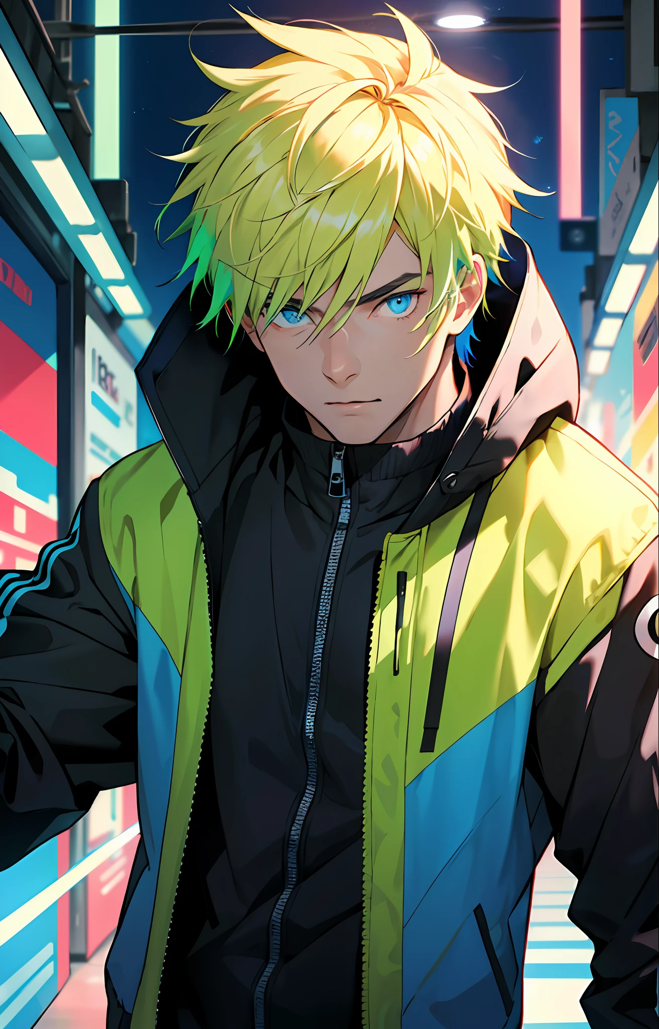 (masterpiece,best quality,absurdres ), 1man, muscular, detailed eyes, blue eyes, open jacket, running to camera, upper body, (fluorescent lamp),(colorful), ((abstract background)),