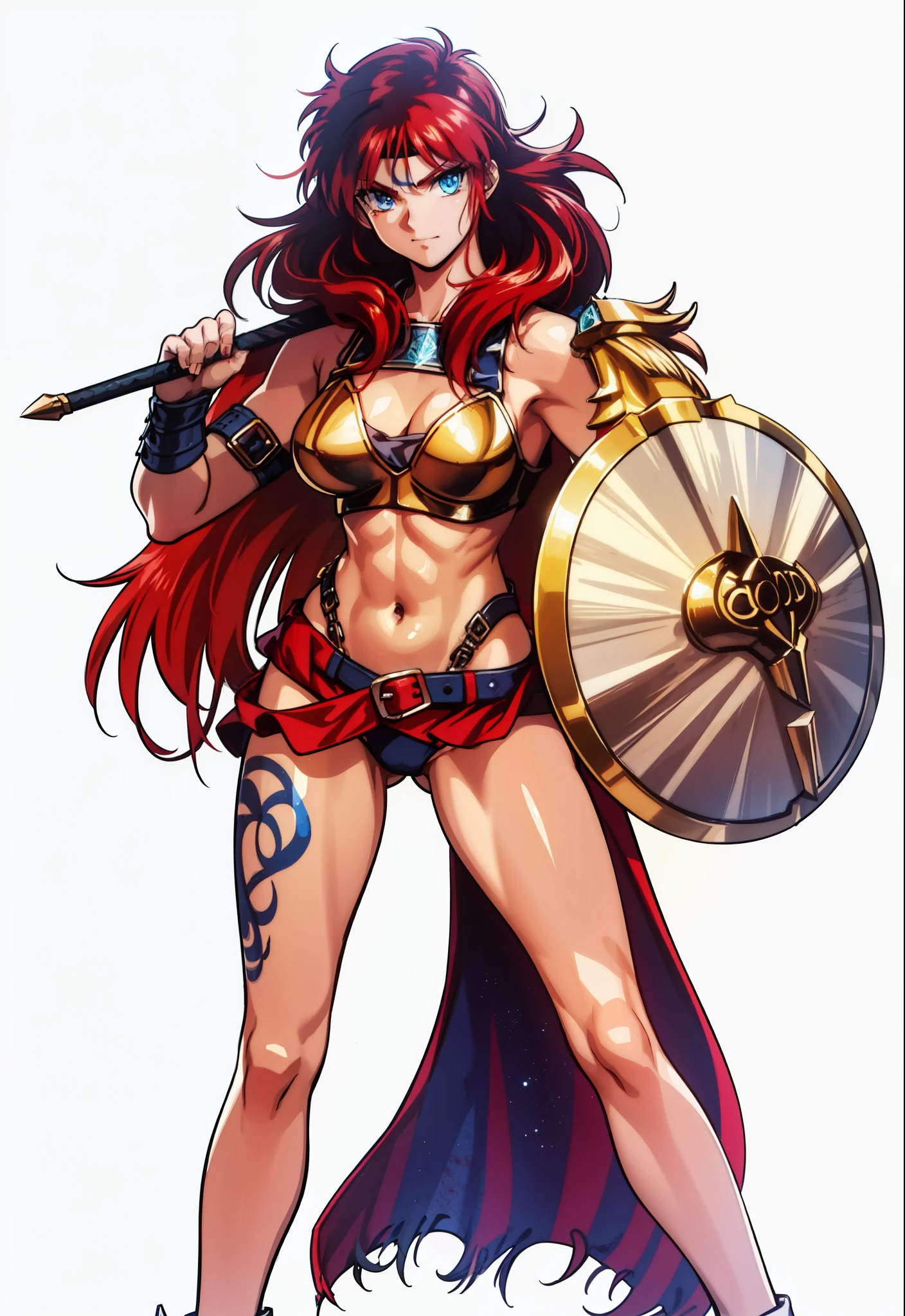 Boadicea, red-haired Viking warrior with Nordic armor and rune tattoos on her body and blooming blue eyes holding an axe, 4k