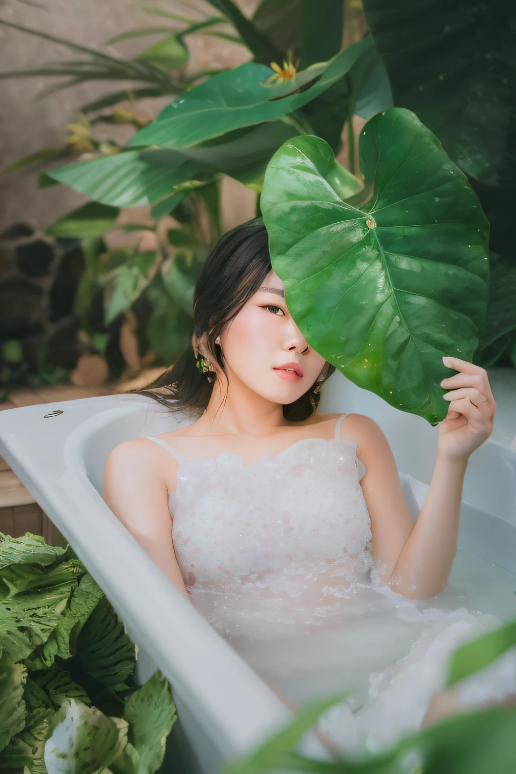 araffe woman in a bathtub with a large leaf in her hand, milk bath photography, shot on canon eos r5, shot on canon eos r 5, portrait shot, photoshoot for skincare brand, 🤬 🤮 💕 🎀, soft portrait shot 8 k, shot on nikon z9, a young asian woman, lying on lily pad