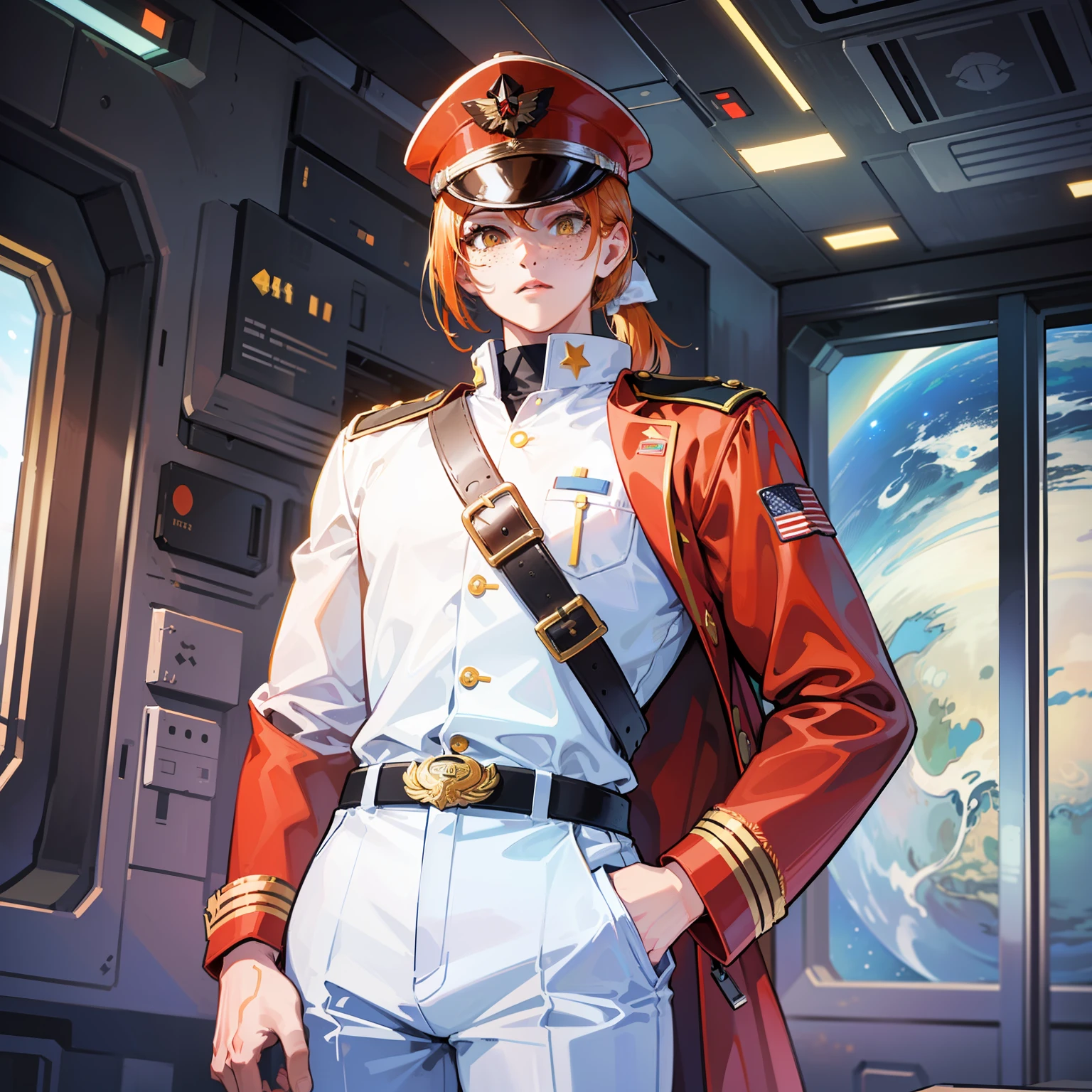 ((Masterpiece)), ((Highest Image Quality)), ((Best Quality)), (Illustration of One Girl), Full Body, 25 Years Old, Neutral, ((Freckles))), Orange Hair Ponytail, Yellow Eyes, (Tall Body)), Big, (Muscular Strong Body)), ((Muscular Strong Body)), (Military Uniform)), (Military Hat)), ((Army Coat)), (White Clothes), (White Pants), (White Hat), Trench Coat, ((Inside the Spacecraft)), (Outside the Window, Space, Earth as seen from space, Spaceport)