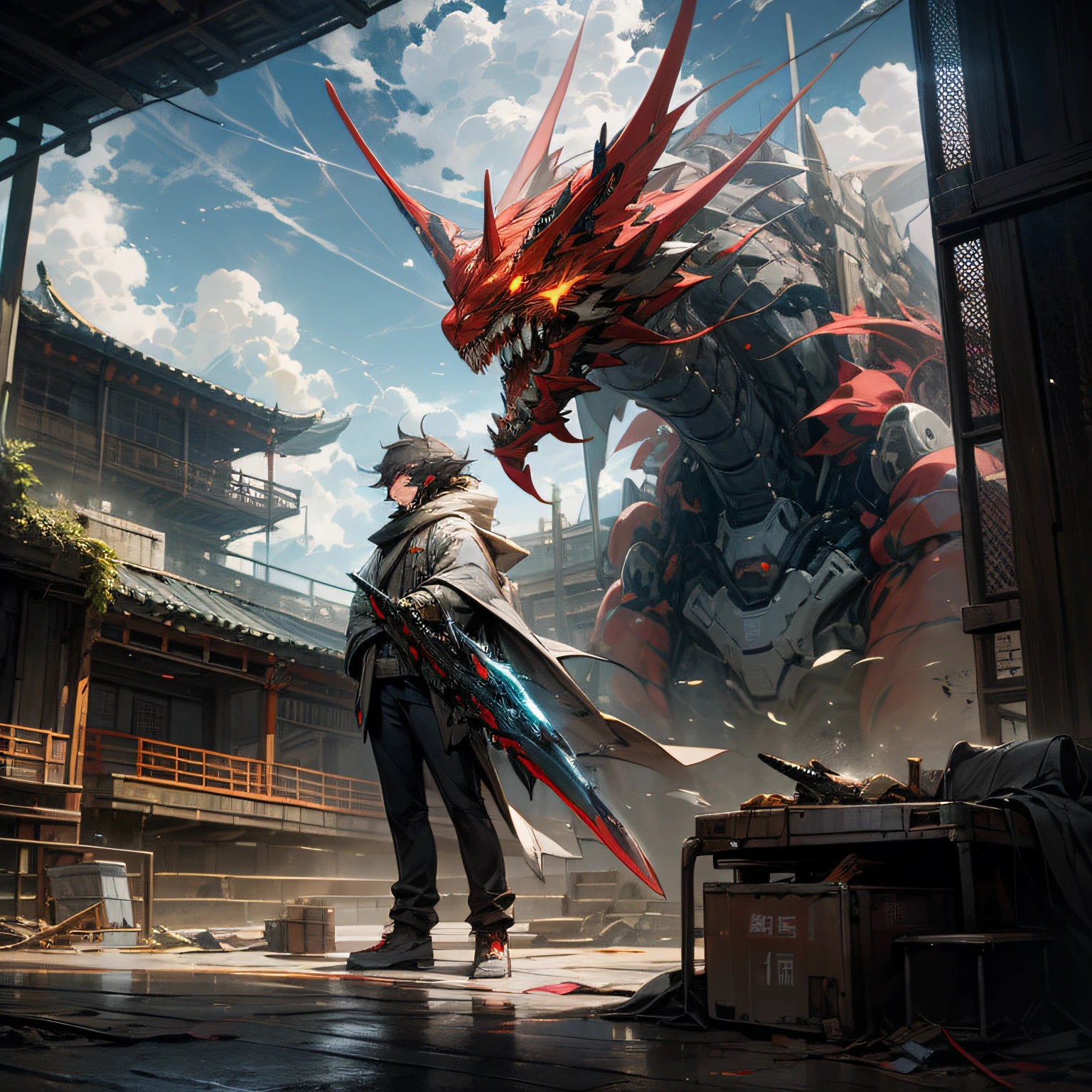 Sky, Clouds, holding_weapon, no_humans, Glow, Machine, Chinese Dragon, Architecture, glowing_eyes, Mecha, Science Fiction, Ruins, Reality, Mecha --auto