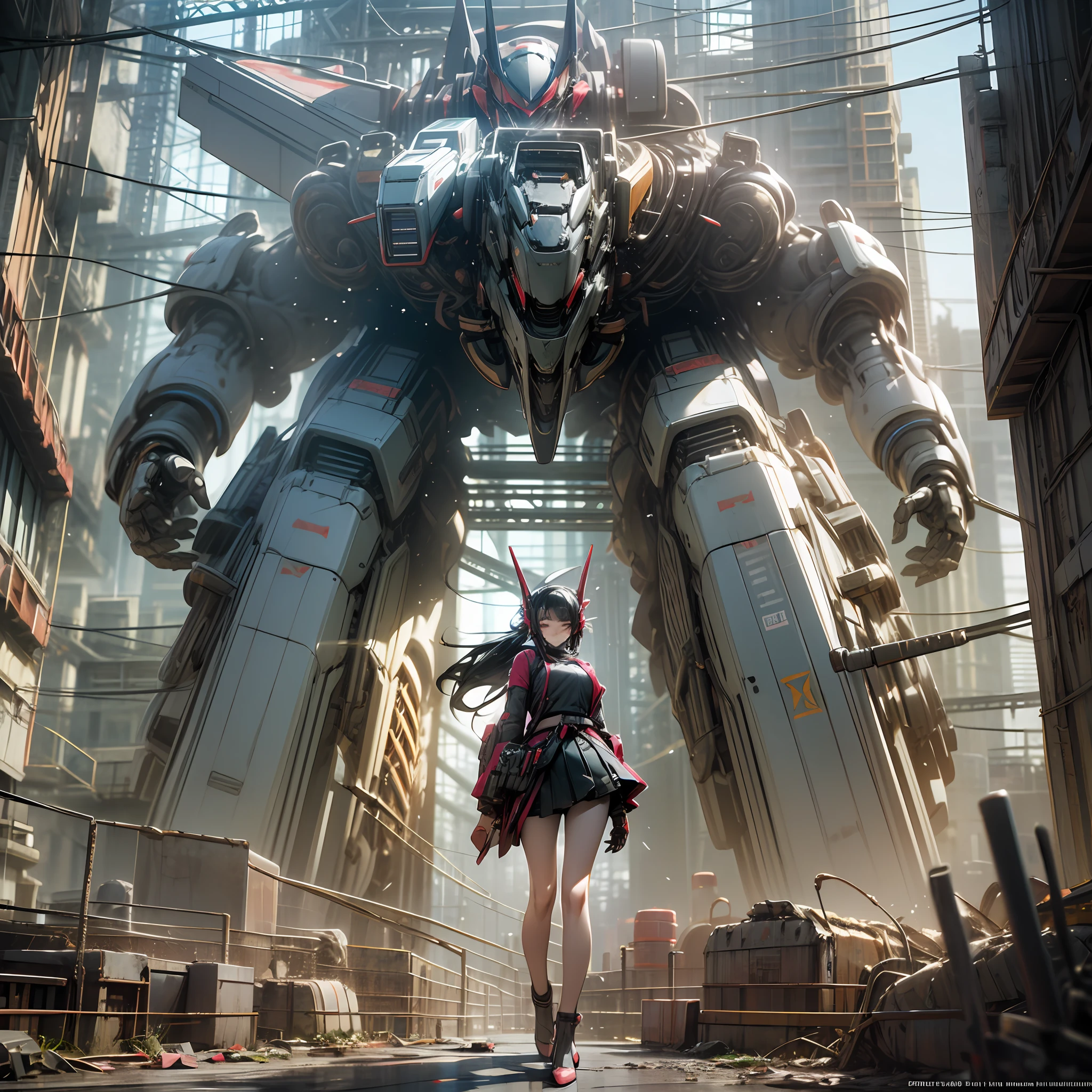 Full body front Asian mecha girl:
3. Full body photo, standing in a piece of urban ruins, mecha skirt, model figure, bare legs, mecha high-heeled shoes, mecha turtle in the back, Cyberpunk city in the background, Futurism, epic imagination, octane rendering, and mecha turtle in the back: 1.3, illusory engine, octane rendering, Quixel Megascans rendering, Blender, VRay, movie light, cold white, high detail Super quality: 1.5, 16k
resolution , 3D,