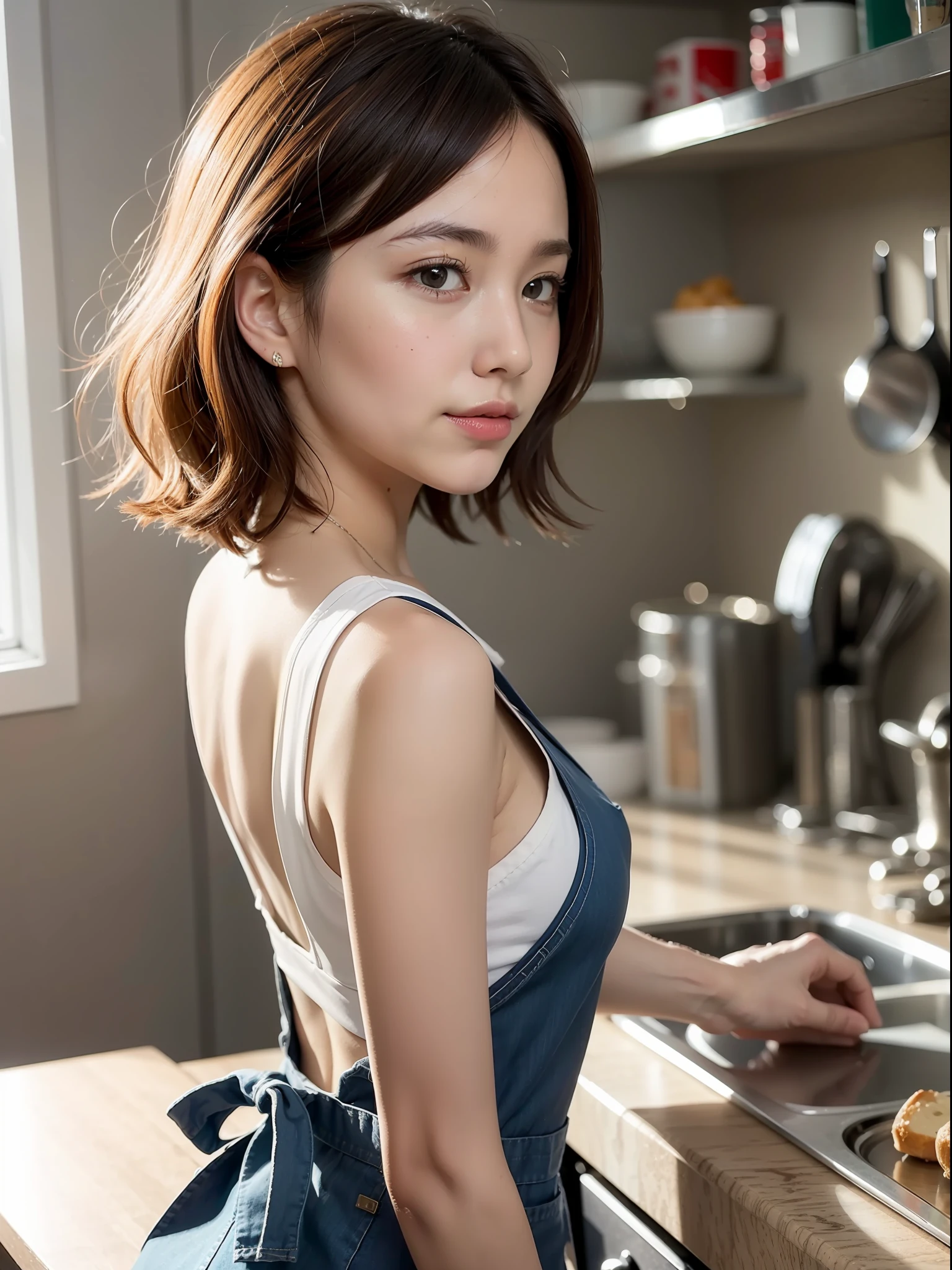 ((top quality, 8k, masterpiece: 1.3, raw photo)), Sharp Focus: 1.2, (1 aespa Girl: 1.2), (Realistic, Photorealistic: 1.37), (Face Focus: 1.1), Cute face, kindness, small breasts, flat chest, short messy hair, cooking in a kitchen, back view, look back, apron, sunlight, cinematic lighting