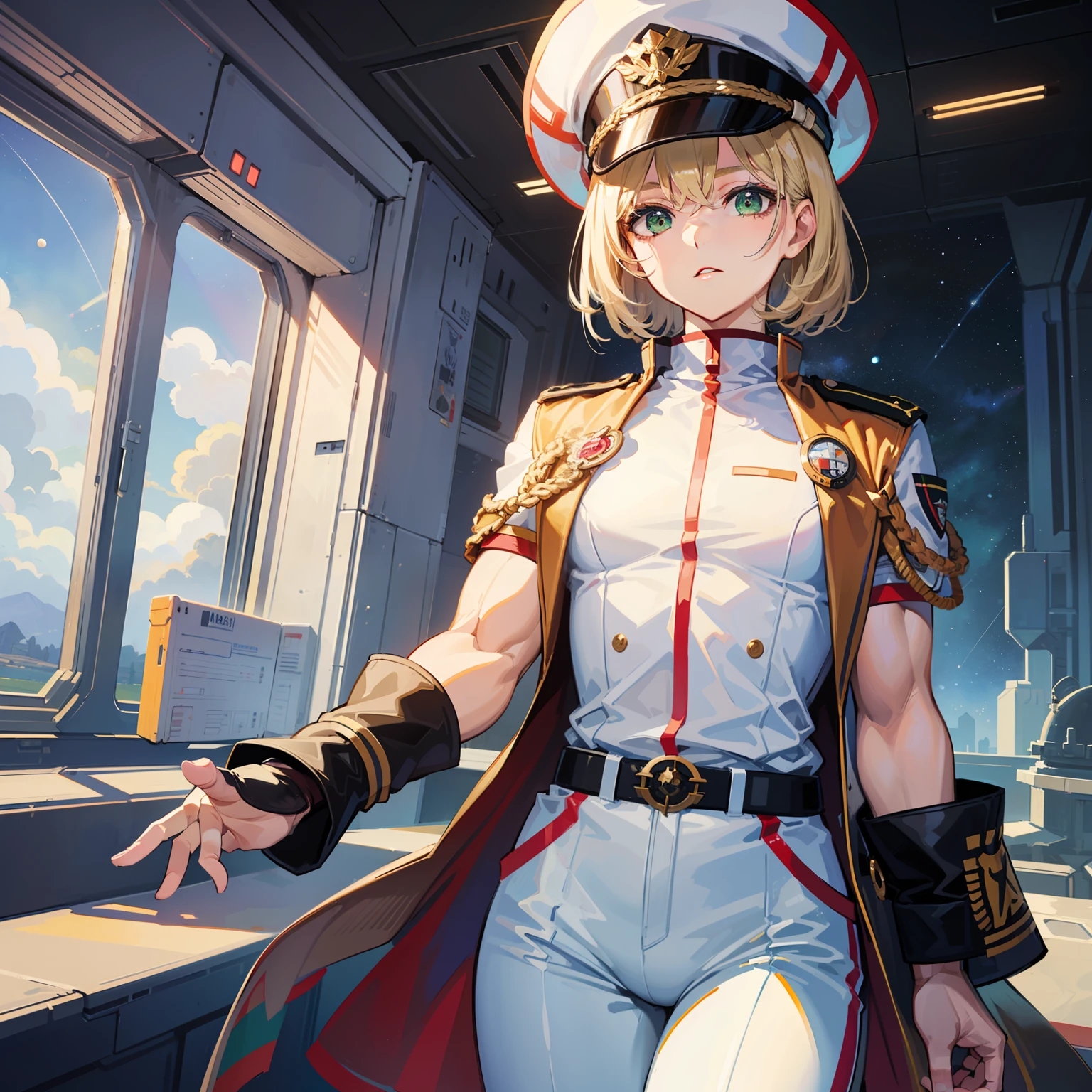 ((Masterpiece)), ((Highest Image Quality)), ((Best Quality)), (Illustration of One Girl), Full Body, 25 Years Old, (Neutral), Blonde, ((Short Hair)), ((Short Neckline)), Green Eyes, (Flat)), Small, (((Tall)), ((Muscular Strong Body)), (Army Uniform)), (Military Hat)), (Army Coat)), (White Clothes), (White Pants), (White Hat), Trench Coat, (( Inside the spaceship)), (outside the window, space, Earth seen from space, spaceport)