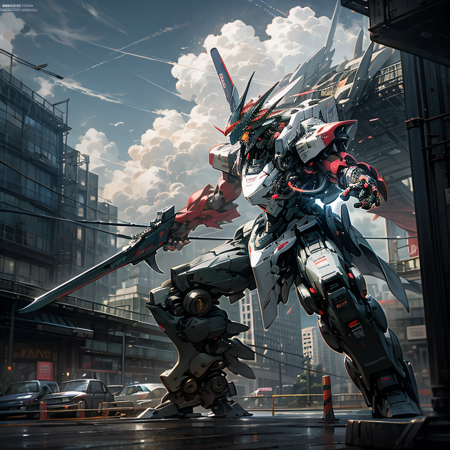 Sky, Clouds, holding_weapon, no_humans, Glow, Robot, Dragon, Building, glowing_eyes, Mecha, Science Fiction, City, Reality, Mecha --auto
