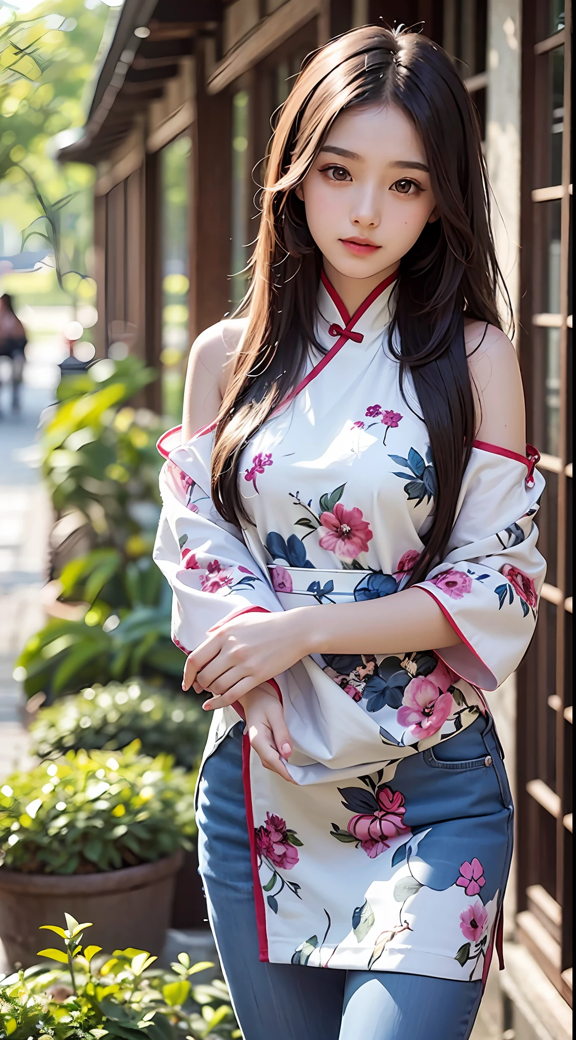 Character: This 18-year-old Chinese girl is slender and has a beautiful face, exuding youthful vitality and charm. Her long black hair was draped over her shoulders, giving it a natural and moving feeling.
Light: The photo was taken on a sunny morning, when sunlight shines through the window on the girl, illuminating her face. The sunlight is soft and bright, adding a touch of vitality and warmth to the whole picture.
Background: Girl standing in a courtyard with traditional Chinese elements, the courtyard is simple and elegantly arranged. There are some traditional buildings and plants in the background, adding to the atmosphere of Chinese culture.
Posture: The girl stands in a straight posture, showing her confidence and grace. Her hands are gently placed on her waist, and her whole body takes on an elegant and natural curve.
Expression: The girl's expression is natural and clear, with a slight smile. Her eyes were bright and alert, revealing a hint of confidence and determination.
Wear: The girl wears a simple and stylish outfit that shows her youthful vitality. Her outfits are bright in color that complements her skin tone.
Makeup: The girl wears light makeup to highlight the features of her face, but still maintain a natural and fresh feel. The makeup is simple and delicate, showing her youthful vitality.
Focal length and depth of field: The photo uses a moderate focal length and depth of field to focus the girl's face and eyes, highlighting her characteristics, while the background has appropriate blur to make the girl the focus of the entire frame.
Angle and composition: Moderate angles are used in the photo to highlight the girl's charm and confidence. Appropriate space is left in the composition to make the picture more balanced and at the same time highlight the individual character of the girl.
Natural and Authentic: The whole photo gives a feeling of being natural and real. The girl's expression and gesture show her true personality, without too