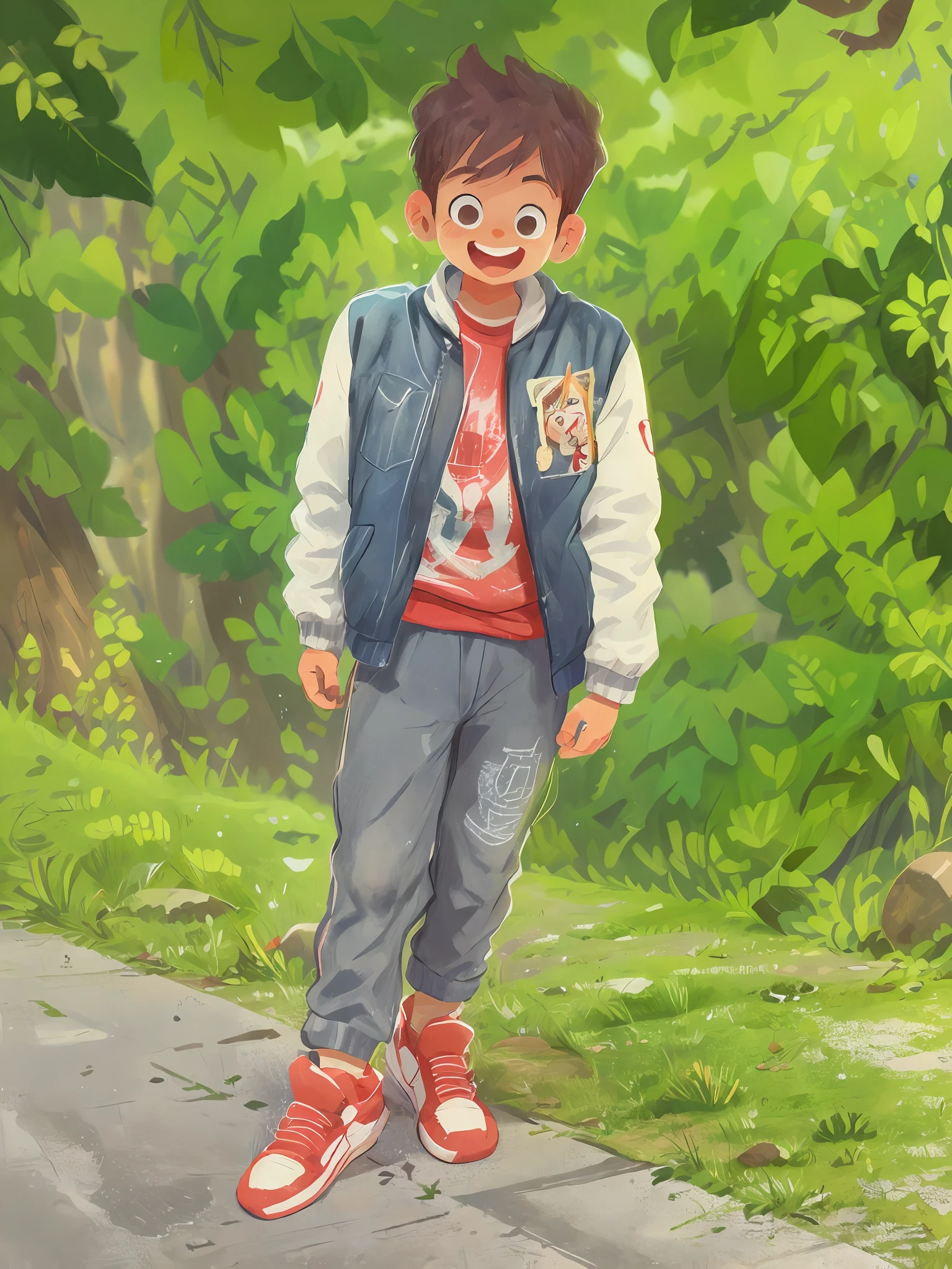 A 5-year-old boy starts in front of a sidewalk. Red sneakers, grey tracksuit and a grey jacket. (Very detailed face: 1.5), (big smile: 1.2), (real eyes: 1.2), 8k