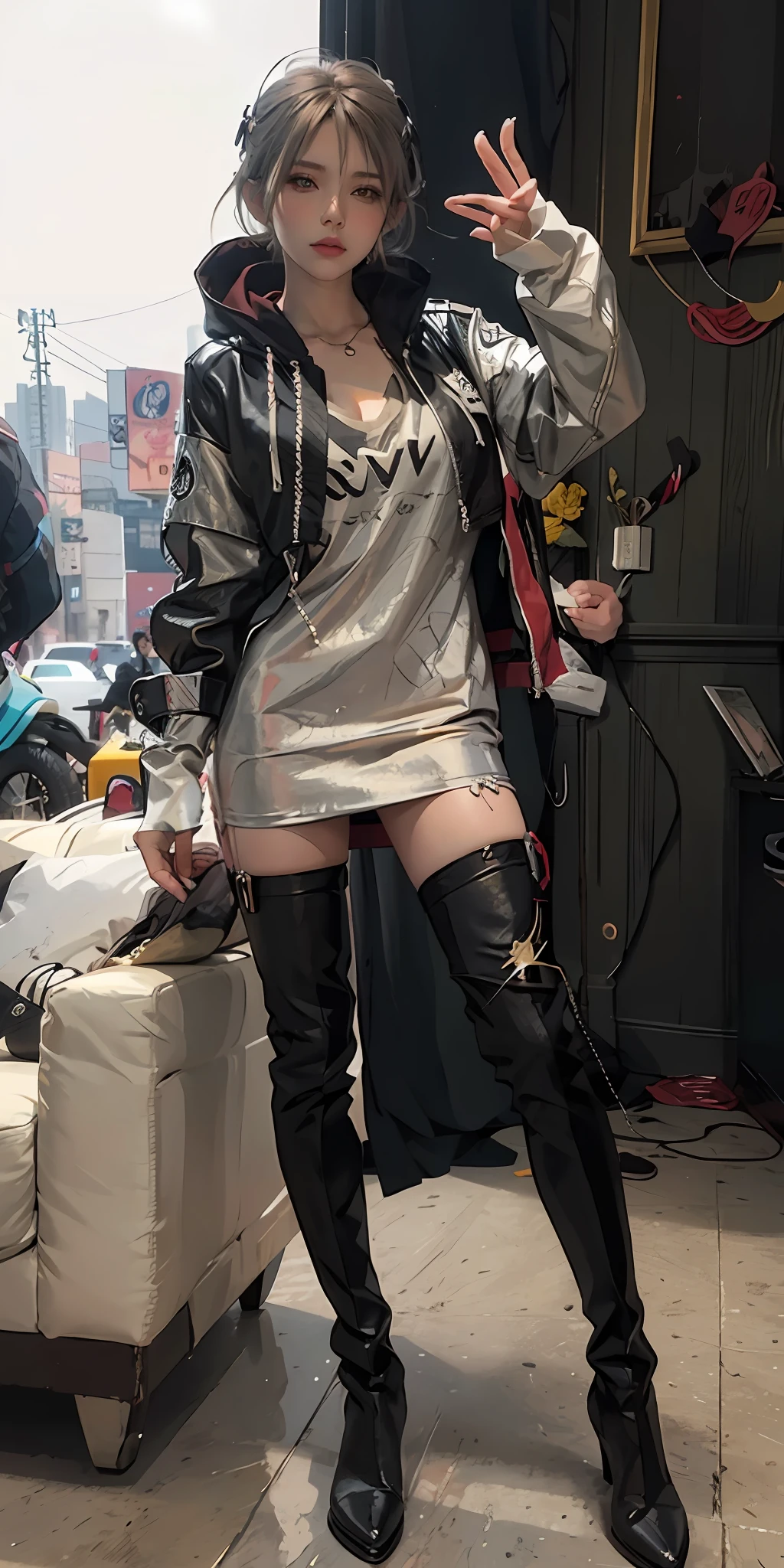 Anime - Style woman posing for photo in silver dress and black boots, Gouviz style artwork, made with anime painter studio, drawn in anime painter studio, in the art style of Bovot, Guwiz on ArtStation Pixiv, cyberpunk anime girl in hoodie and full outfit. Sexy painting, black leather boots.