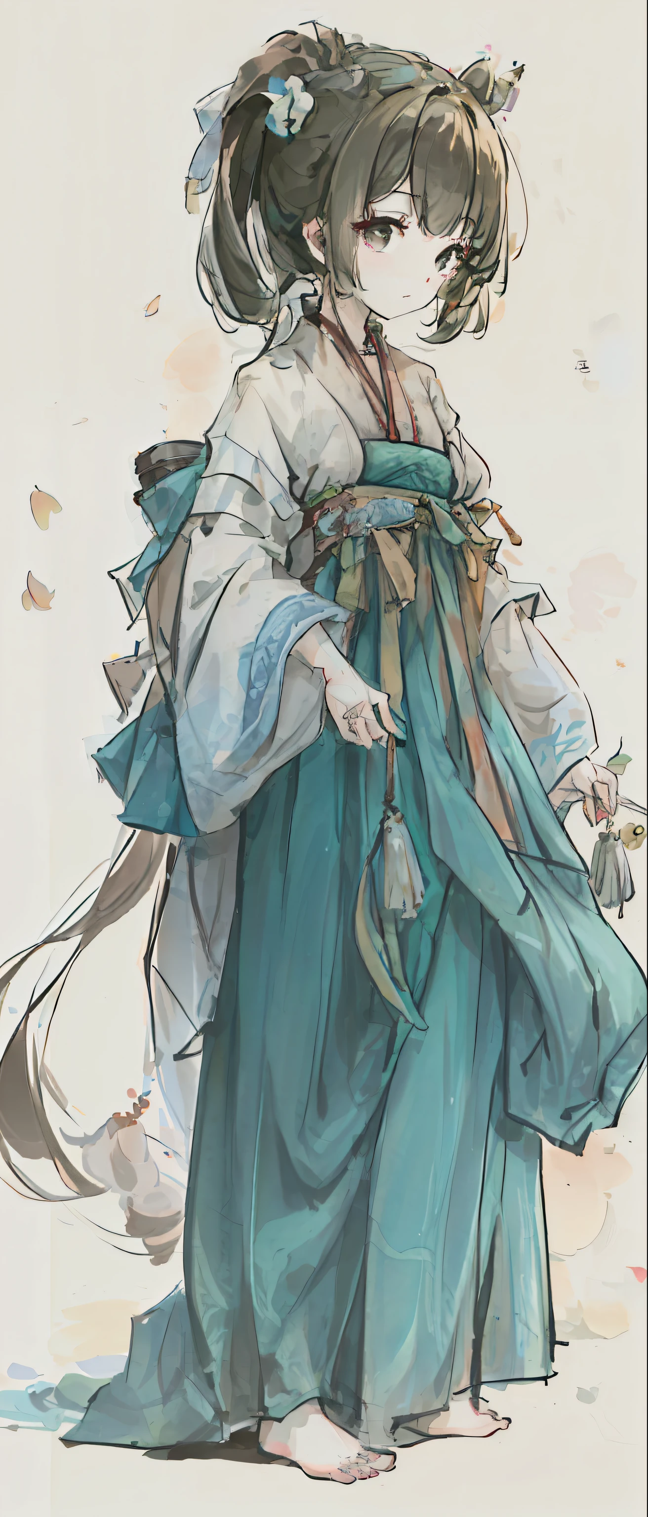 ((4K, masterpiece, best quality)), Chinese painting, peach blossom, a girl, barefoot, hanfu, single ponytail, white background, blank background, standing, character design, simple background, blue clothes, green clothes, bandeau