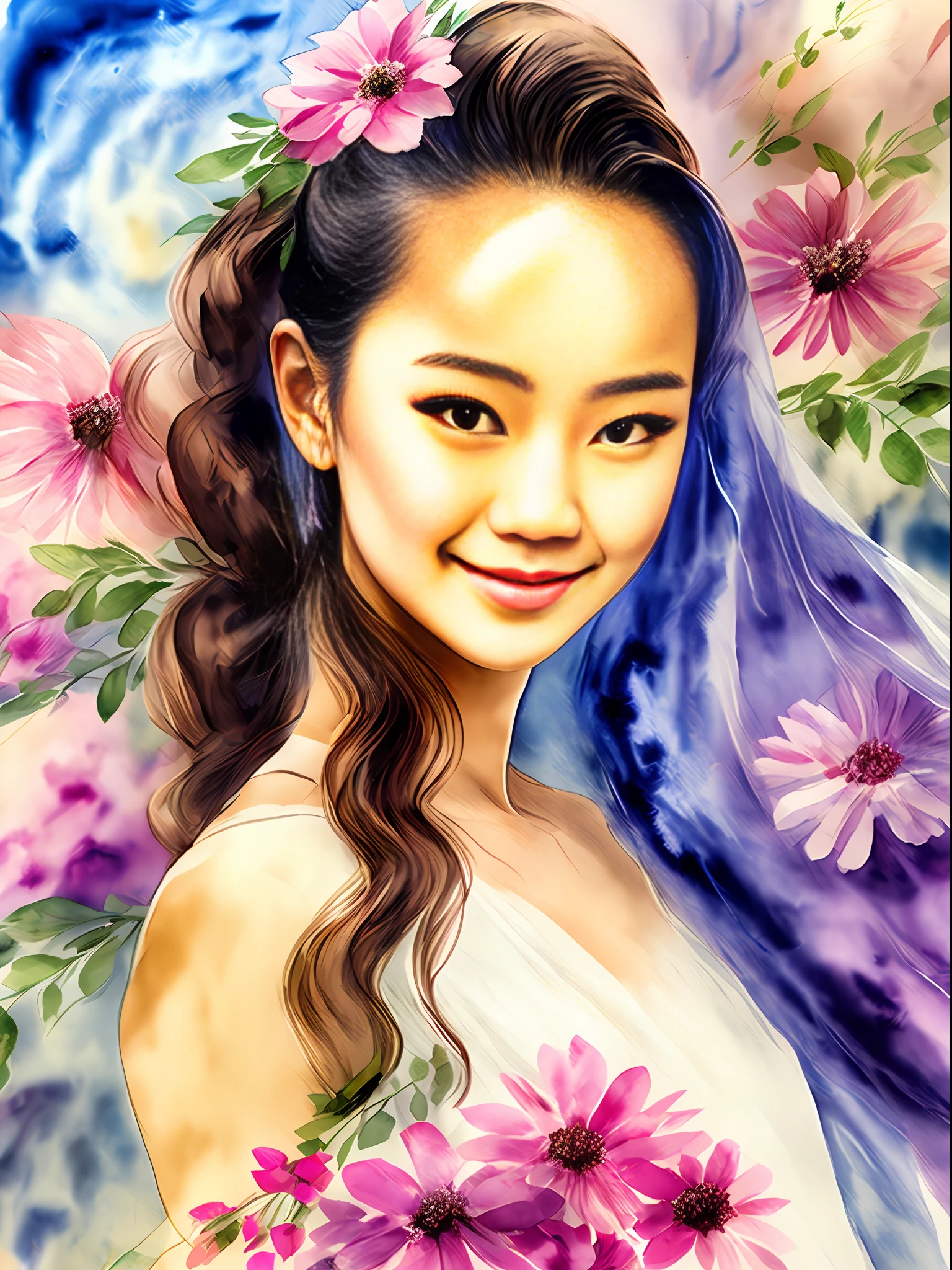 (Masterpiece), (Intricate Details), (Perfect Anatomy:1.3), 1girl, BREAK, English Garden with various flowers painted in watercolor, (watercolor painting background:1.3), (watercolor), BREAK, Pink wedding dress, Wedding Veil, Cowboy Shot, BREAK, Photorealistic, Korean, K-pop idol, , small breasts, round face, smile, ponytail, (forehead exposure:1.2), shinkawa youji,