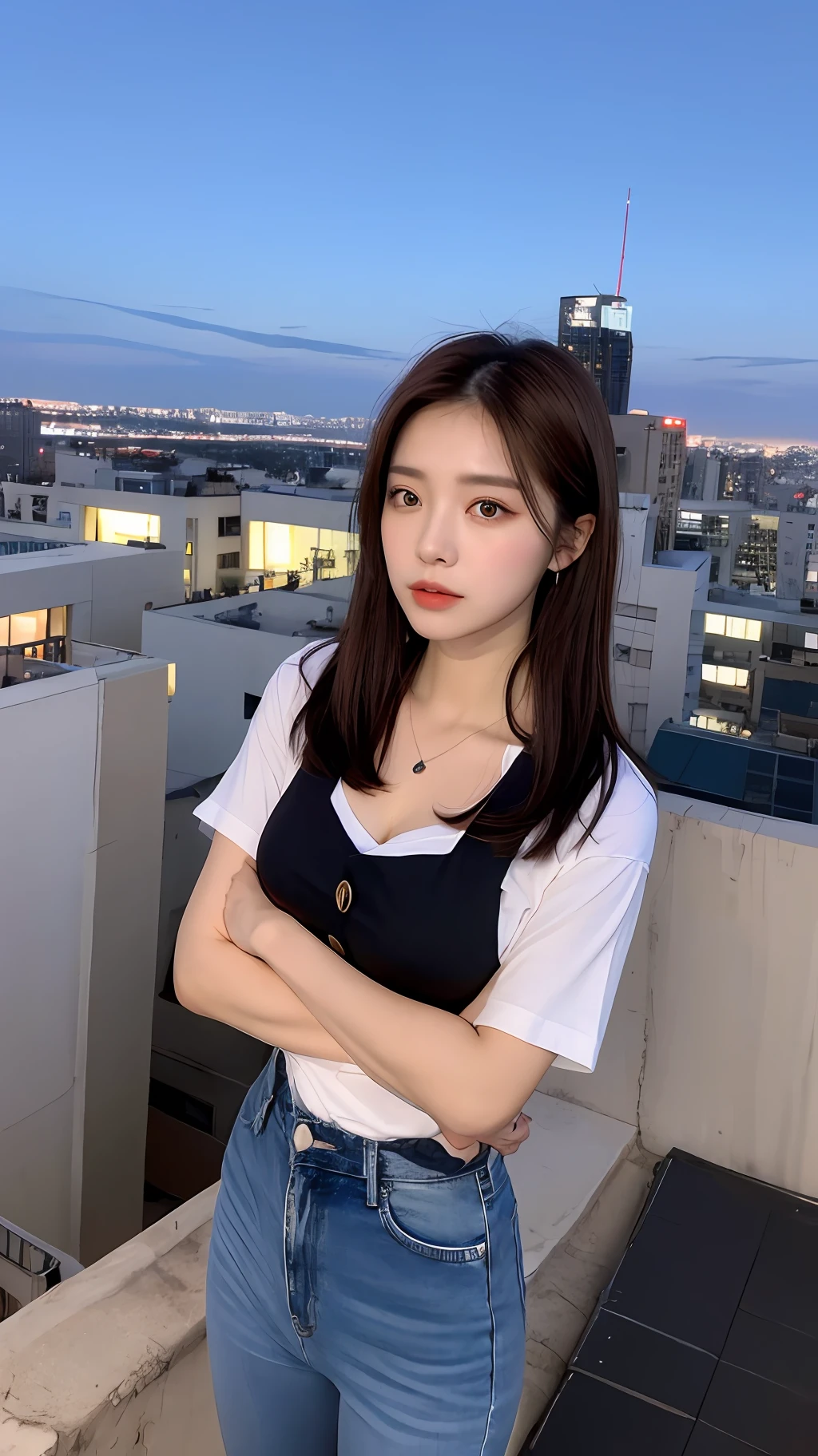 ((Midnight, Best quality, 8k, Masterpiece :1.3)), Whole body, Long legs, Sharp focus :1.2, A pretty woman with perfect figure :1.4, Slender abs :1.1, ((Dark brown hair, Big breasts :1.2)), (White tight tshirt, Jean bib, Standing:1.2), ((Night city view, Rooftop:1.3)), Highly detailed face and skin texture, Detailed eyes, Double eyelid