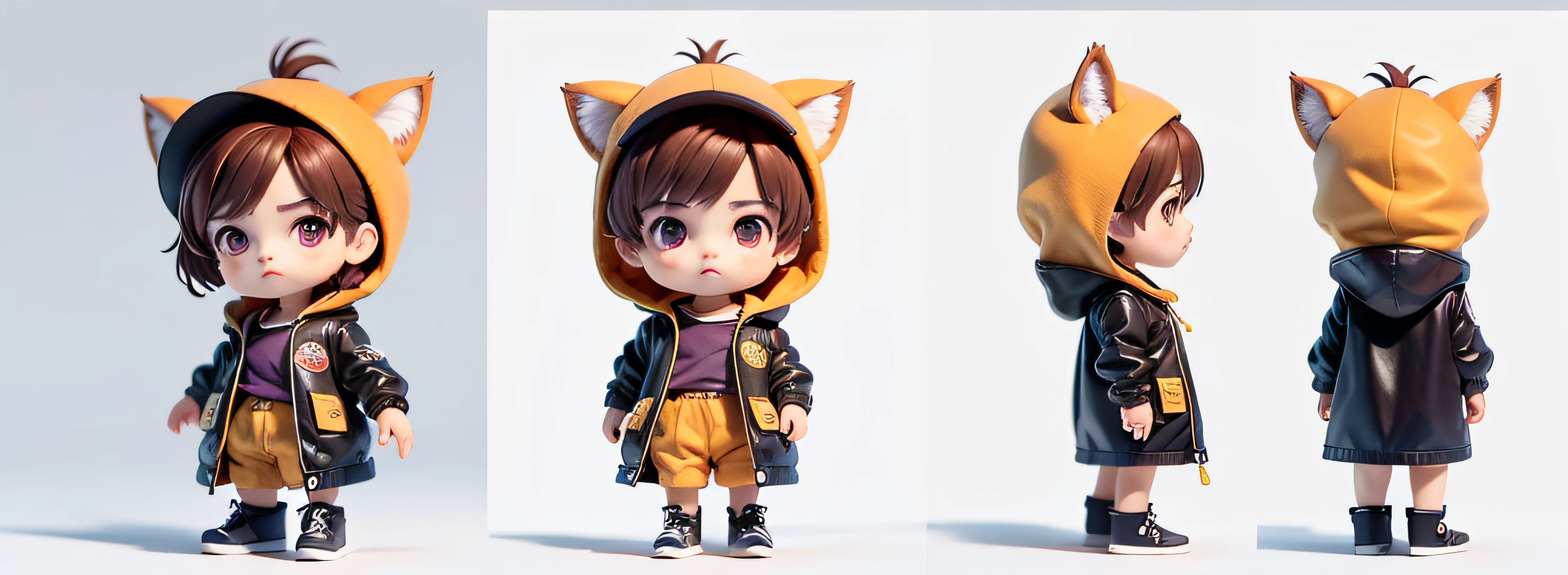 Masterpiece, best quality, simple background, (white background: 1.5), three views, a cute handsome boy, chibi, Q version boy, dark brown hair, purple eyes, short hair, clothes with love motif, windbreaker, hood, hat with fox ears