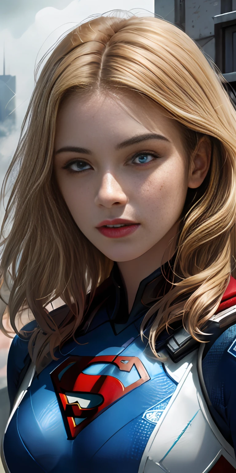 (1girl:1.3), Solo, (((Very detailed face)))), ((Very detailed eyes and face)))), Beautiful detail eyes, Body parts__, Official art, Unified 8k wallpaper, Super detailed, beautiful and beautiful, beautiful, blonde hair, masterpiece, best quality, original, masterpiece, super fine photo, best quality, super high resolution, realistic realism, sunlight, full body portrait, amazing beauty, dynamic pose, delicate face, vibrant eyes, (from the front), She wears superman suit, red and black color scheme, very detailed city roof background, rooftop, overlooking the city, detailed face, detailed complex busy background, messy, gorgeous, milky white, highly detailed skin, realistic skin details, visible pores, clear focus, volumetric fog, 8k uhd, DSLR, high quality, film grain, fair skin, photo realism, lomography, futuristic dystopian megalopolis, translucent