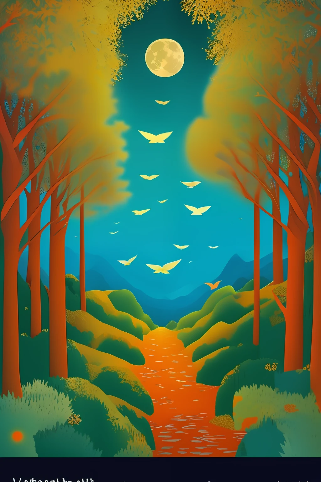 Forest, yellow full moon, star, intricate details, blooming flowers, van goph