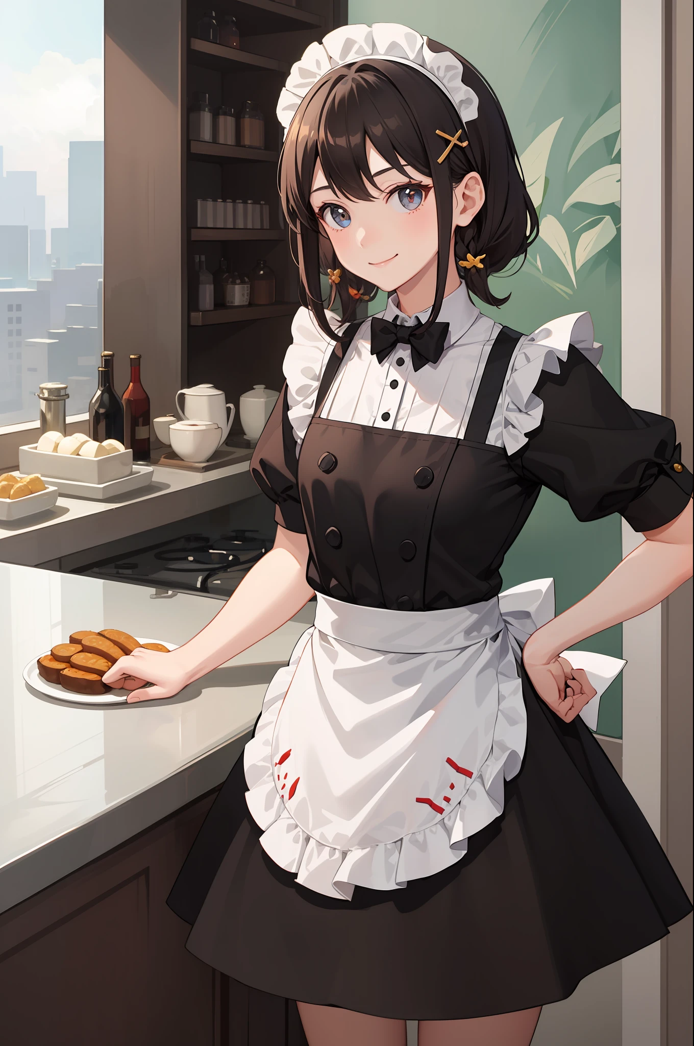 1 girl, smile, skirt, (small) chilarism, dress, apron,,,,,,、 maid,,,,,,,,、 hair ornament,