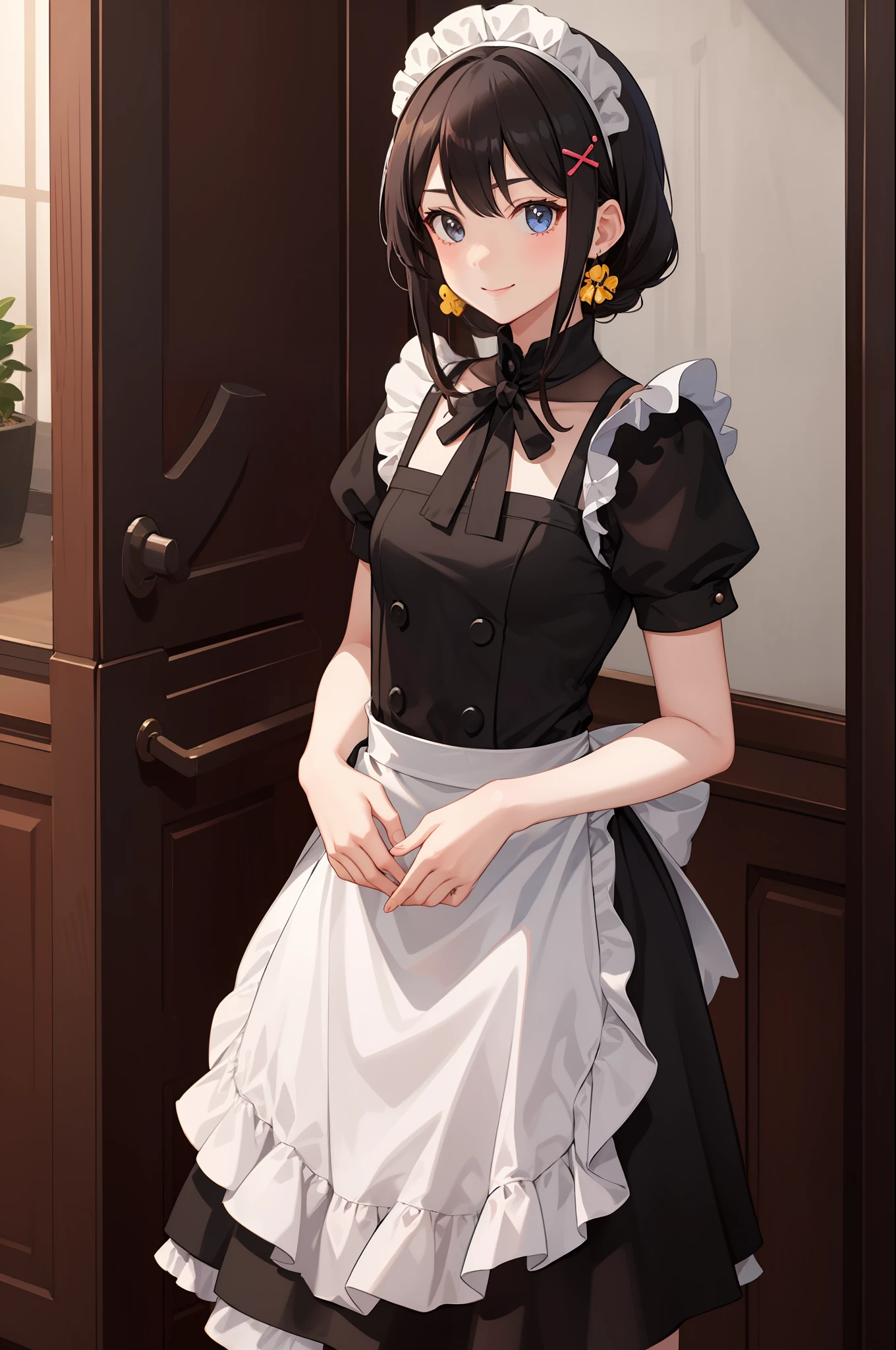 1 girl, smile, skirt, (small) chilarism, dress, apron,,,,,,、 maid,,,,,,,,、 hair ornament,