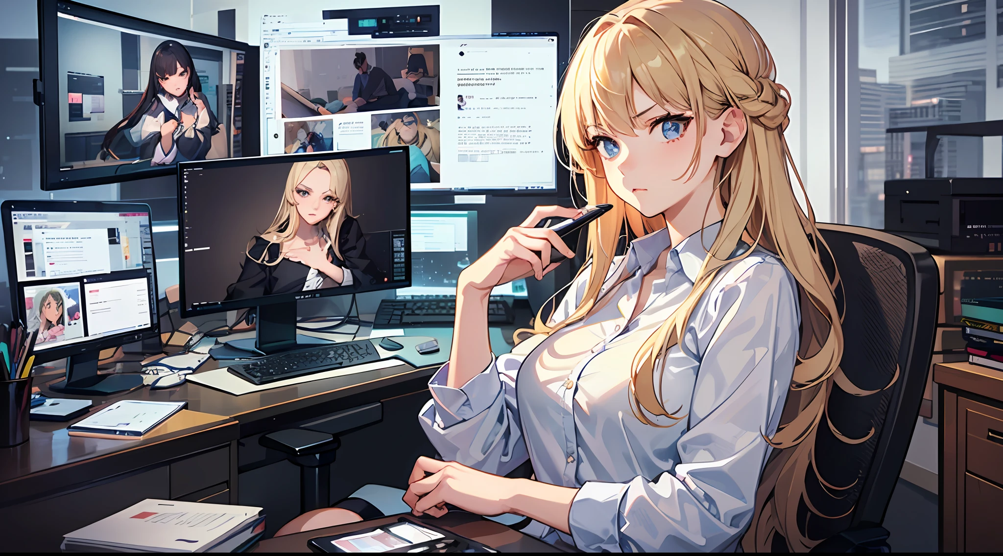 1girl, (fluffy long blonde hair: 1.6), work clothes, business woman, mature and beautiful, rich and noble, sitting in the office, upper body, pick up the phone, (looking at the phone screen: 1.6), ultra-detailed CG, delicate facial features, clear facial expressions, detailed digital animation art, digital animation art, high-quality animation art style, frown, serious,