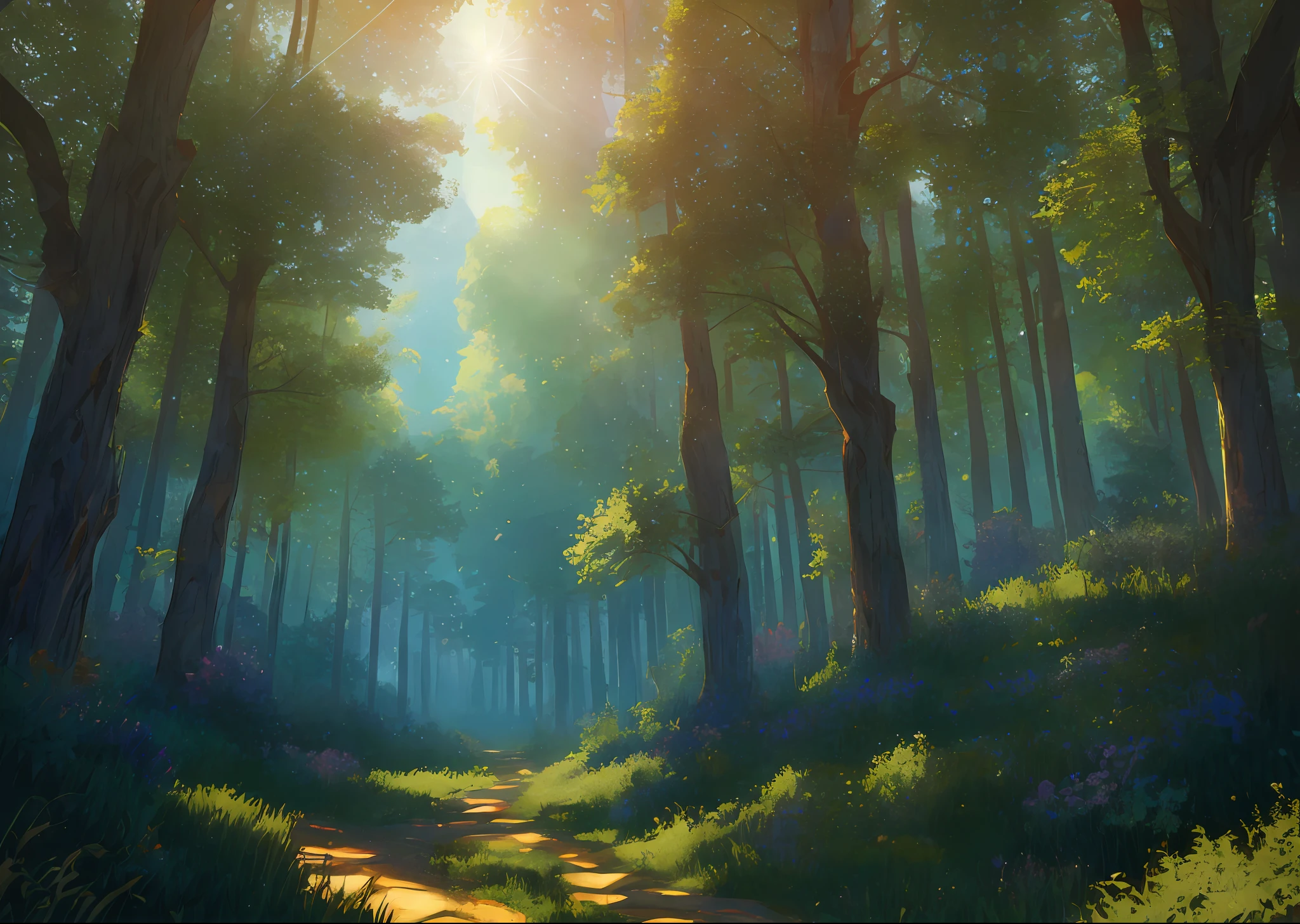Analog style, ChromaV5, nwinkpunk (extremely detailed CG unity 8k wallpaper), forest scenery from The Nine Princes of Amber, lens flares, award-winning photography, chromatic aberration, detail, HDR, Bloom, Monet style, Pissarro and Sisley, trending on ArtStation , a trend on CGSociety, art from mid-travel