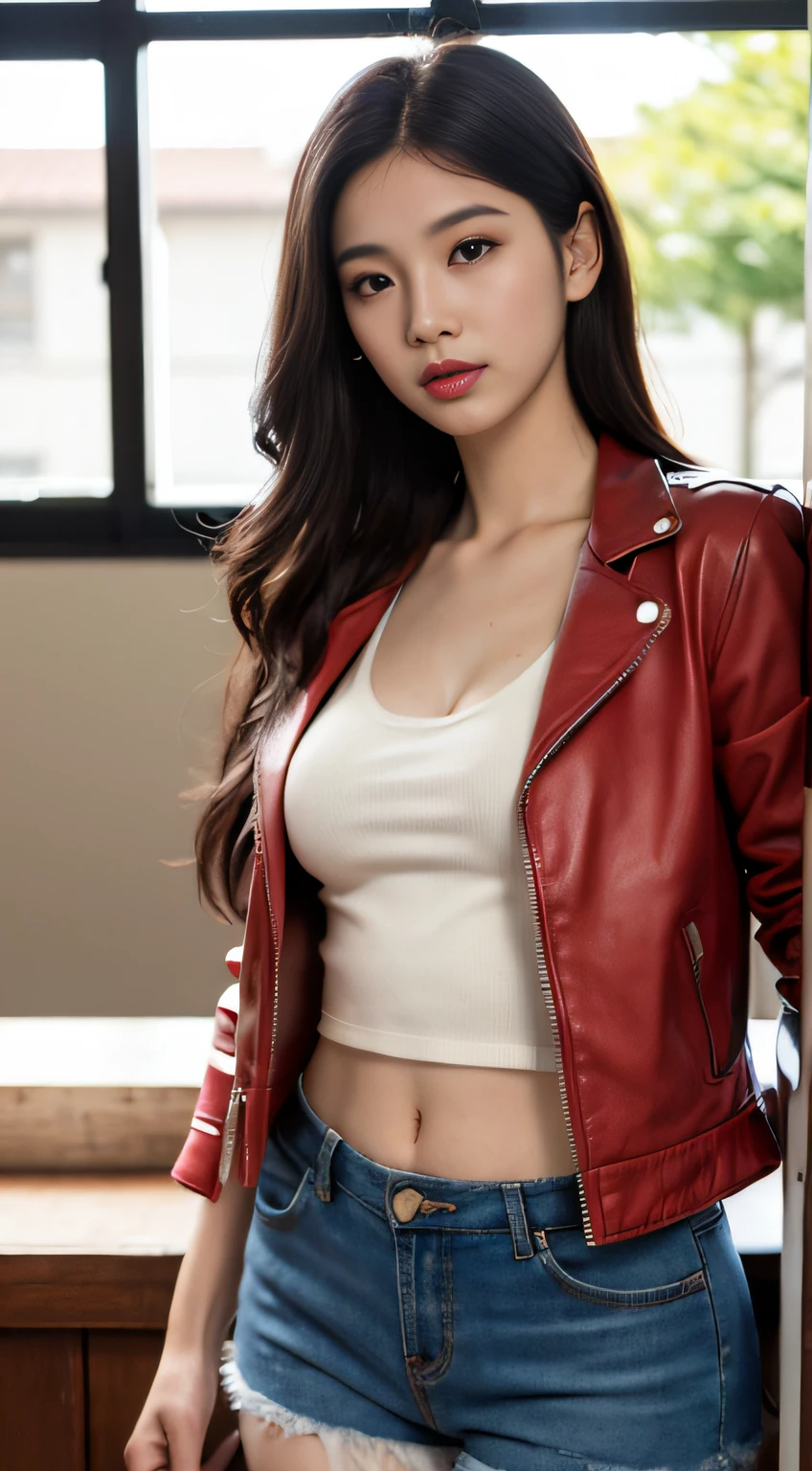 "Top CG, the highest picture quality, masterpieces, delicate Bishōjo, ((185cm beautiful women)), (tall and tall), imperial sister, white skin, exposed chest, perfect facial features, bright eyes, red lips, beautiful and cold, (big breathers) ), beautiful heroism, black hair, sparkling, skin visible from perspective, blue leather jacket on the upper body, exposed navel suit on the lower body, super shorts on the lower body, 4k image quality, Cosmo Lady, modern city, realistic portrait“