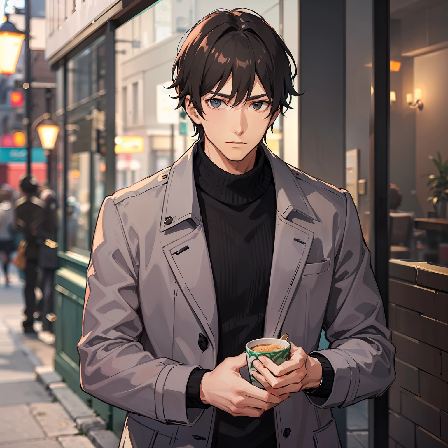 (A man in a casual coat 1.4)
(Run into a fancy restaurant 1.3)