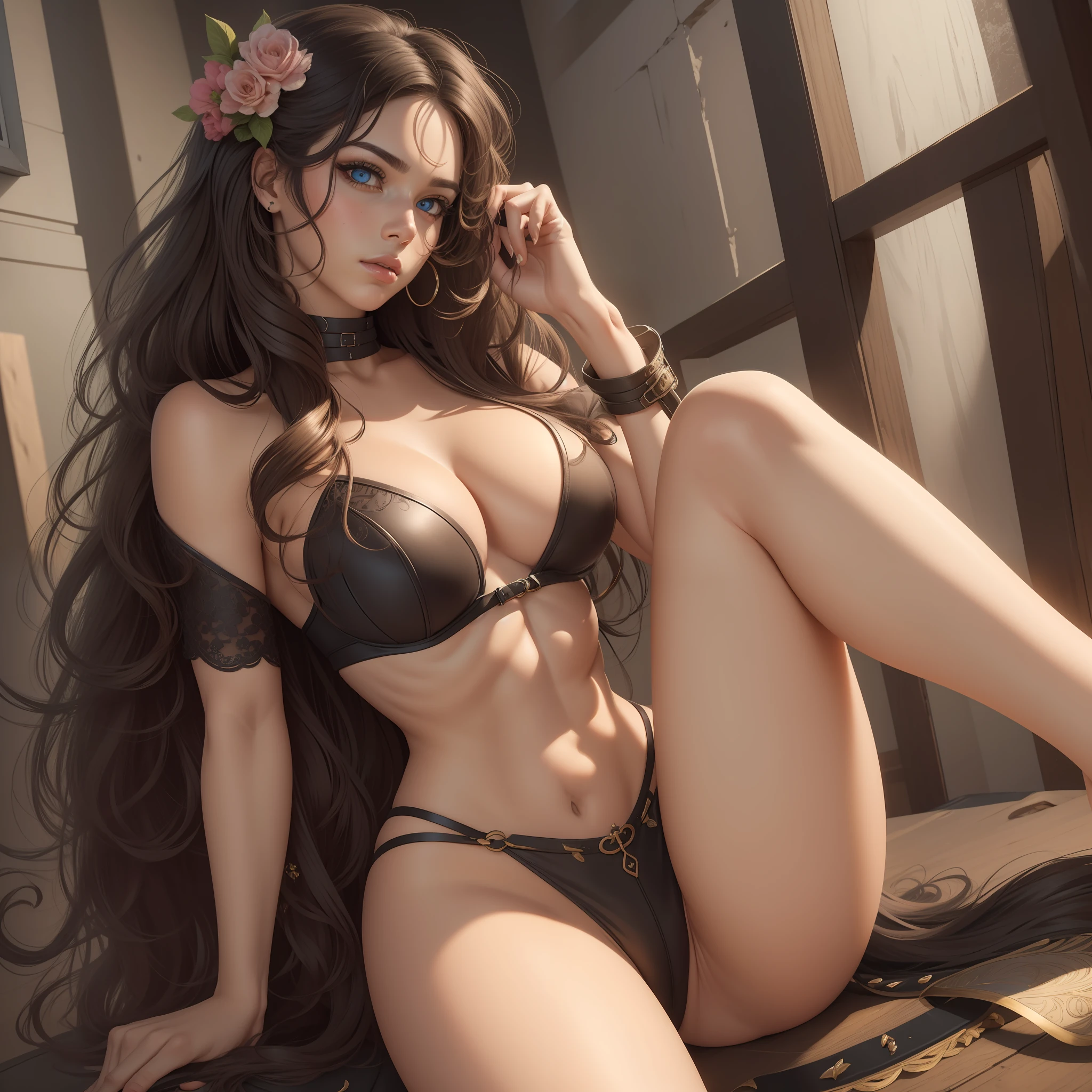 (hyper-realistic), (Masterpiece), (illustration), (high resolution), (8K), (extremely detailed), (best illustration), (beautiful detailed eyes), (best quality), (ultra-detailed), (masterpiece), (wallpaper), (detailed face), solo 1 girl, Young girl), (Brown skin), She is hunched over, black wavy hair, Latina, heterochromic eyes, large and striking eyes, sensual body, , large breasts, long legs, tight abs, camel fingers, dynamic pose