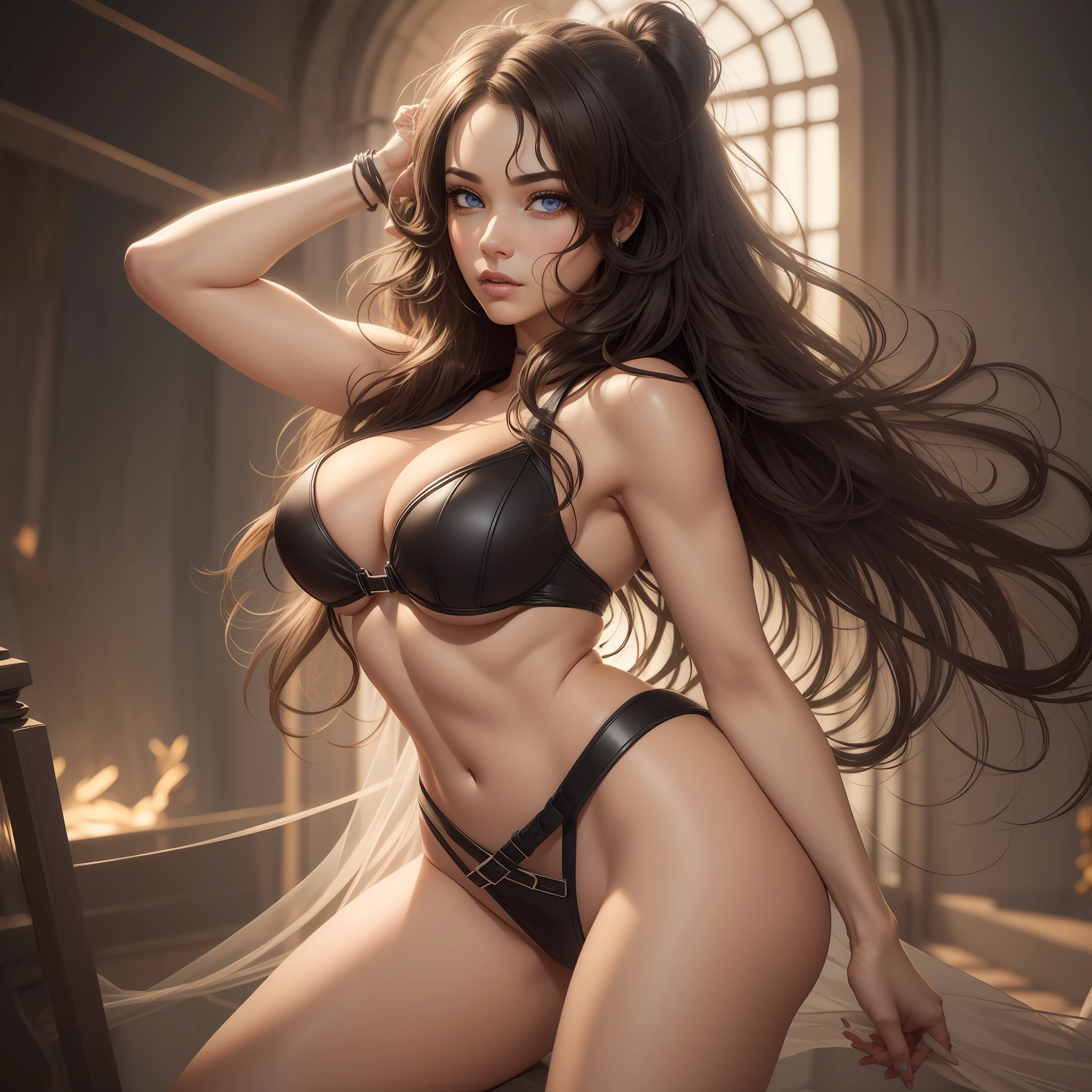 (hyper-realistic), (Masterpiece), (illustration), (high resolution), (8K), (extremely detailed), (best illustration), (beautiful detailed eyes), (best quality), (ultra-detailed), (masterpiece), (wallpaper), (detailed face), solo 1 girl, Young girl), (Brown skin), She is hunched over, black wavy hair, Latina, heterochromic eyes, large and striking eyes, sensual body, , large breasts, long legs, tight abs, camel fingers, dynamic pose