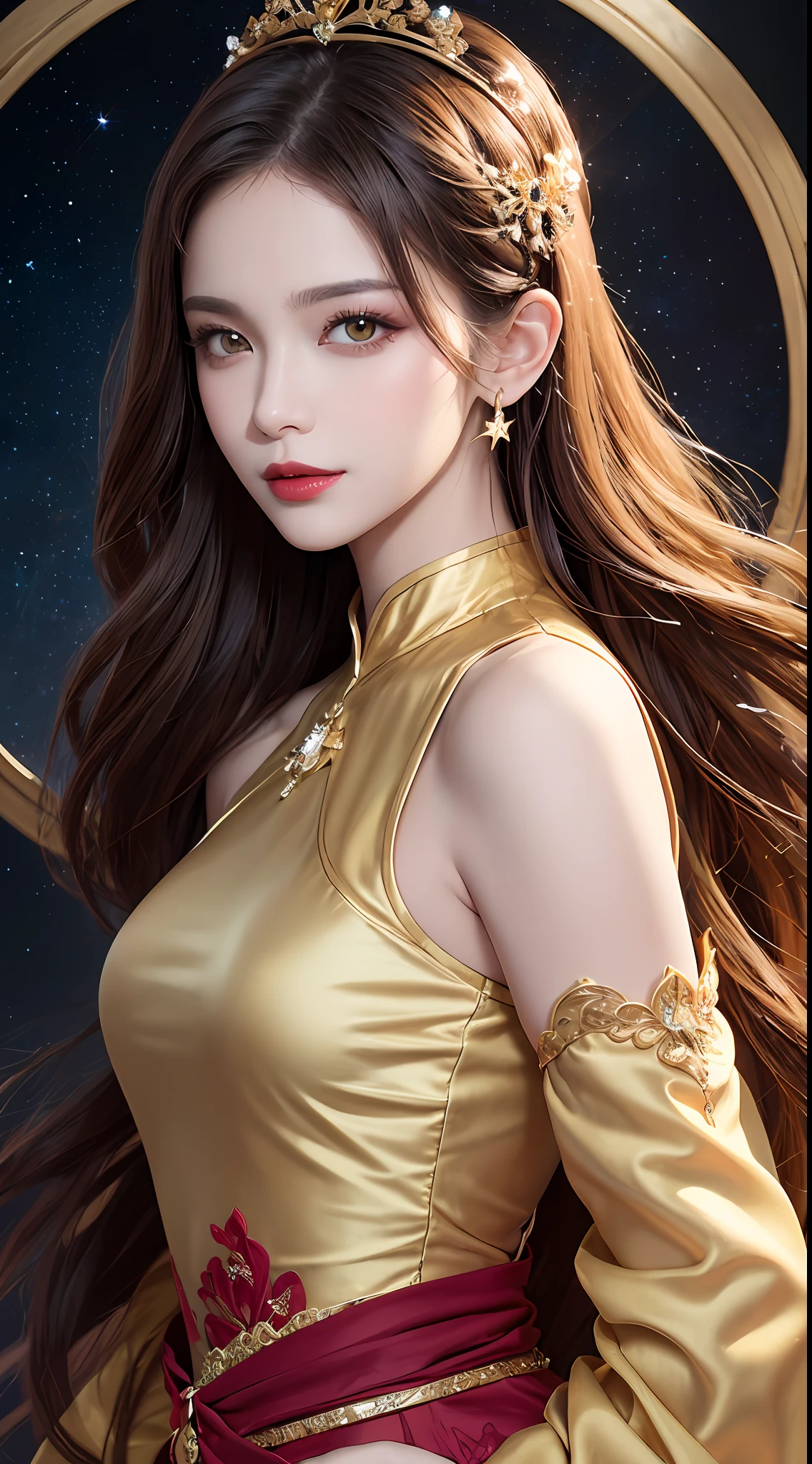 1 27-year-old girl, 1 zodiac goddess from the future, goddess of the pink and purple 12 zodiacs, the goddess of the zodiac in a yellow ao dai, a 12 zodiac ao dai with many black lace detail, mythology Goddess of the 12 zodiacs from the future, zodiac ♏, luxurious glittering zodiac style, dark and mysterious version, zodiac crown, lipstick lips red, thin and beautiful lips, Smile makes viewers fall in love, characters made by karol bak and pino daeni, intricate detail, detailed background, extremely detailed, light magic, a woman, clear face, look at the face of goddess zodialook at the zodiac goddess face, hair long with bangs, beautiful face in detail and well-proportioned eyes, (transparent yellow eyes: 1.8), big round eyes and very beautiful and detailed makeup, foresight, silk dress, mysterious makeup, double bangs and dyed light blonde, uper body, zodiac goddess uper body, arms hanging loosely, Realistic and vivid photo, (stars make up the zodiac: 1.7), (sky background zodiac and fictitious space and time portal: 1.8), fiction art, RAW photo, hanfu picture, best photo, best photo quality, 8k quality, 8k ultra, super realistic, real photo most economical, artistic portrait of goddess zodiac,