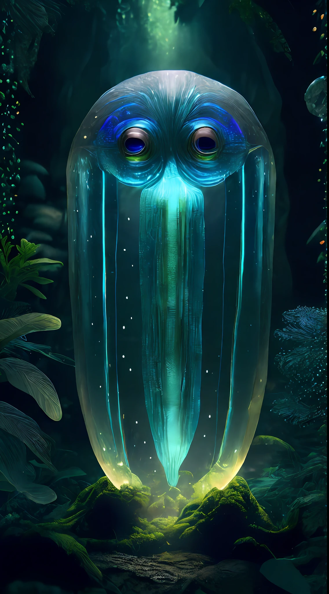 Big creature crystal glass body,(four big eyes), wise look, calm, feelers on the head, buffalo posture, crystal clear body, six legs, glow around it, luminous lines inside the body, with ((six legs creature)) with transparent and lighting body, walking on all six legs, (((fish head))), ((four eyes)),jellyfish transparent body, six leghs, in the jungle, jungle, rain forest, high image quality, realistic look, 8K, full-frame matrix, deep shadows, ((one character)), (intricate details, subsurface scattering, hyperdetailed:1.15), (hyperrealism, volumetric lighting, sharp:1.5)(galaxies, spirals, space, nebulae, stars, smoke, iridescent:1.2), intricate detail, octane render, 8k, uplight