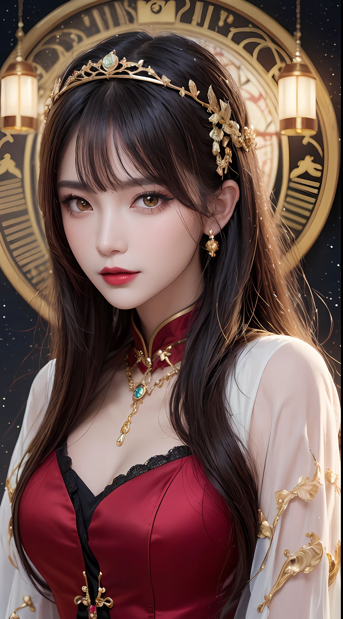 1 27-year-old girl, 1 zodiac goddess from the future, goddess of the pink and purple 12 zodiacs, the goddess of the zodiac in a yellow ao dai, a 12 zodiac ao dai with many black lace detail, mythology Goddess of the 12 zodiacs from the future, zodiac ♏, luxurious glittering zodiac style, dark and mysterious version, zodiac crown, lipstick lips red, thin and beautiful lips, Smile makes viewers fall in love, characters made by karol bak and pino daeni, intricate detail, detailed background, extremely detailed, light magic, a woman, clear face, look at the face of goddess zodialook at the zodiac goddess face, hair long with bangs, beautiful face in detail and well-proportioned eyes, (transparent yellow eyes: 1.8), big round eyes and very beautiful and detailed makeup, foresight, silk dress, mysterious makeup, double bangs and dyed light blonde, uper body, zodiac goddess uper body, arms hanging loosely, Realistic and vivid photo, (stars make up the zodiac: 1.7), (sky background zodiac and fictitious space and time portal: 1.8), fiction art, RAW photo, hanfu picture, best photo, best photo quality, 8k quality, 8k ultra, super realistic, real photo most economical, artistic portrait of goddess zodiac,