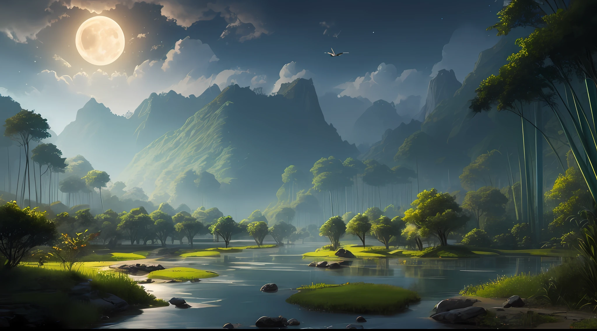 Night, moon, a small river in the middle of a bamboo forest, a bird flying by, anime background art, Ross Tran. Landscape background, beautiful anime scene, anime landscape concept art, beautiful concept art, anime beautiful peace scene, anime nature, concept art stunning atmosphere, relaxing concept art, Raphael Lacoste style, beautiful anime landscape, 4K HD matte digital painting --auto