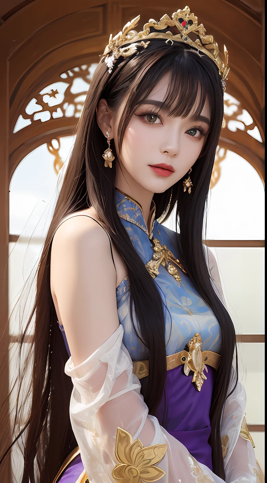 1 27-year-old girl, 1 zodiac goddess from the future, goddess of the pink and purple 12 zodiacs, the goddess of the zodiac in a yellow ao dai, a 12 zodiac ao dai with many black lace detail, mythology Goddess of the 12 zodiacs from the future, zodiac ♏, luxurious glittering zodiac style, dark and mysterious version, zodiac crown, lipstick lips red, thin and beautiful lips, Smile makes viewers fall in love, characters made by karol bak and pino daeni, intricate detail, detailed background, extremely detailed, light magic, a woman, clear face, look at the face of goddess zodialook at the zodiac goddess face, hair long with bangs, beautiful face in detail and well-proportioned eyes, (transparent yellow eyes: 1.8), big round eyes and very beautiful and detailed makeup, foresight, silk dress, mysterious makeup, double bangs and dyed light blonde, uper body, zodiac goddess uper body, arms hanging loosely, Realistic and vivid photo, (stars make up the zodiac: 1.7), (sky background zodiac and fictitious space and time portal: 1.8), fiction art, RAW photo, hanfu picture, best photo, best photo quality, 8k quality, 8k ultra, super realistic, real photo most economical, artistic portrait of goddess zodiac,