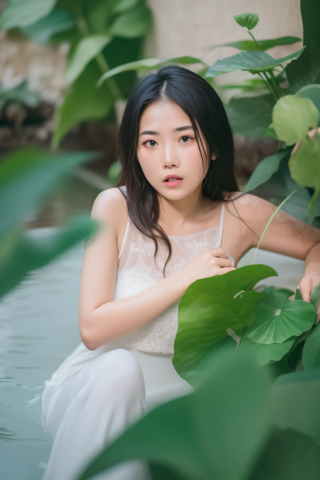 arafed woman in a white dress sitting in a pool of water, a young asian woman, portrait image, 50mm portrait, amidst nature, young asian woman, 60mm portrait, captured on canon eos r 6, 7 0 mm portrait, shot on canon eos r5, shot on canon eos r 5, shot on nikon z9, amongst foliage
