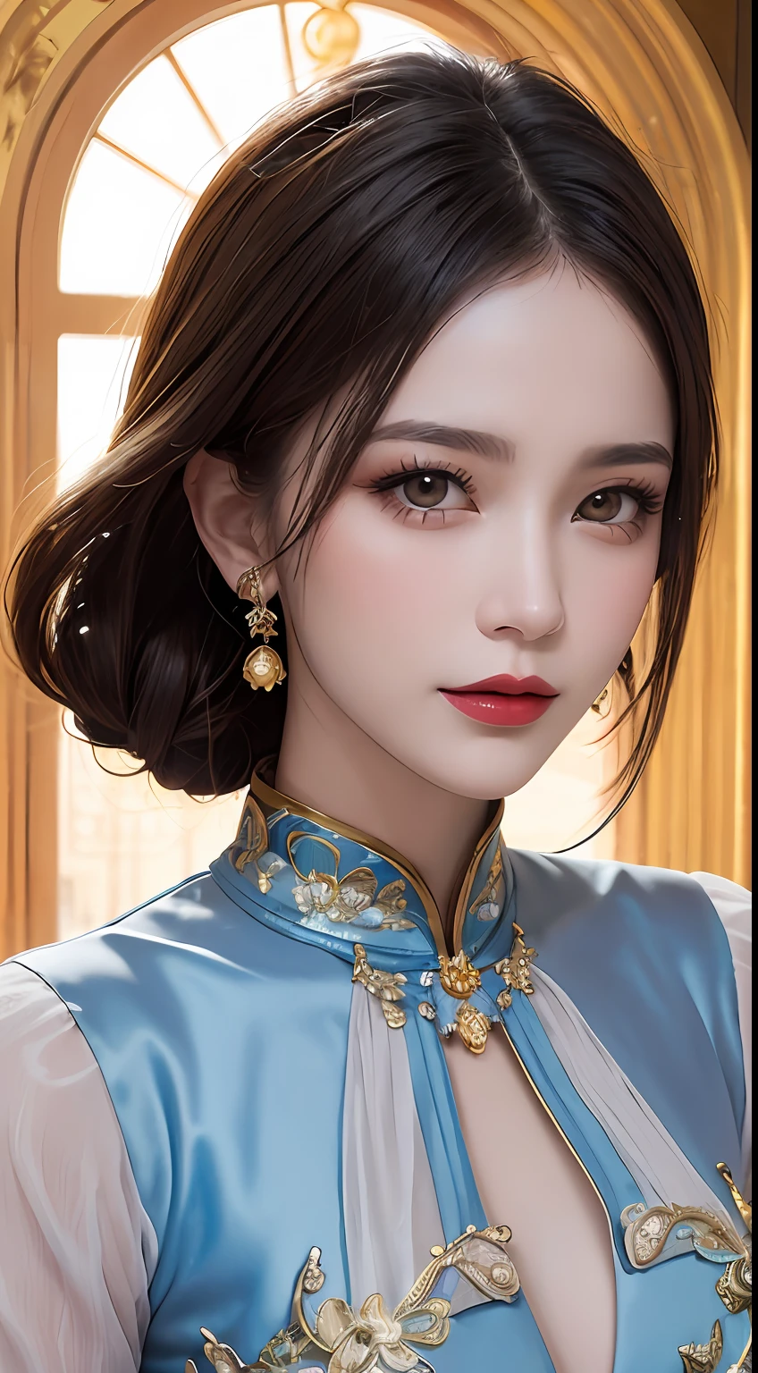 1 27-year-old girl, 1 zodiac goddess from the future, goddess of the pink and purple 12 zodiacs, the goddess of the zodiac in a yellow ao dai, a 12 zodiac ao dai with many black lace detail, mythology Goddess of the 12 zodiacs from the future, zodiac ♏, luxurious glittering zodiac style, dark and mysterious version, zodiac crown, lipstick lips red, thin and beautiful lips, Smile makes viewers fall in love, characters made by karol bak and pino daeni, intricate detail, detailed background, extremely detailed, light magic, a woman, clear face, look at the face of goddess zodialook at the zodiac goddess face, hair long with bangs, beautiful face in detail and well-proportioned eyes, (transparent yellow eyes: 1.8), big round eyes and very beautiful and detailed makeup, foresight, silk dress, mysterious makeup, double bangs and dyed light blonde, uper body, zodiac goddess uper body, arms hanging loosely, Realistic and vivid photo, (stars make up the zodiac: 1.7), (sky background zodiac and fictitious space and time portal: 1.8), fiction art, RAW photo, hanfu picture, best photo, best photo quality, 8k quality, 8k ultra, super realistic, real photo most economical, artistic portrait of goddess zodiac,