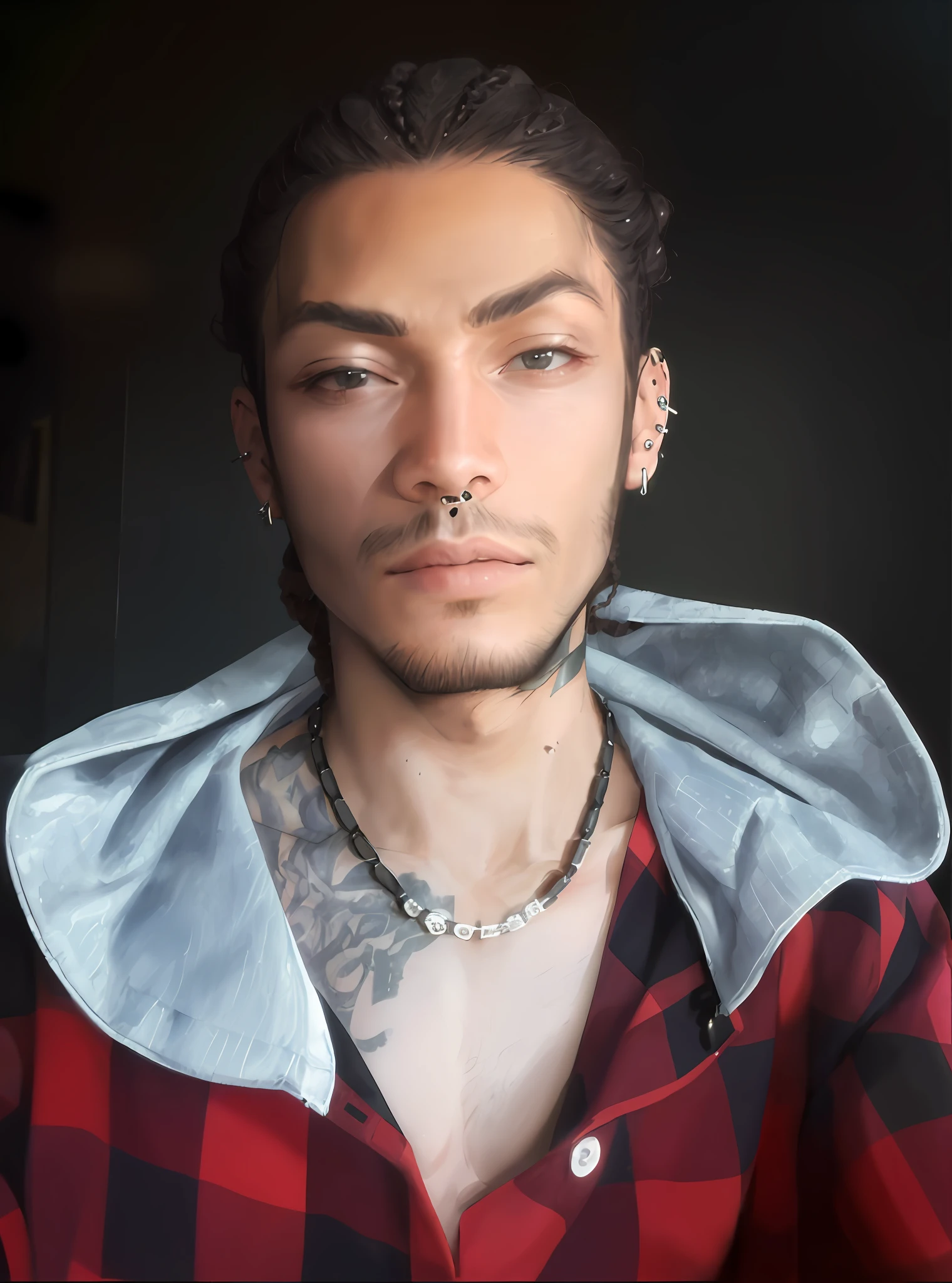 "(Incredibly detailed, masterpiece, 3-D, fierce and unconventional badboy with a septum piercing and an industrial bar ear piercing, rocking dreadlocks and a stylish man bun)"