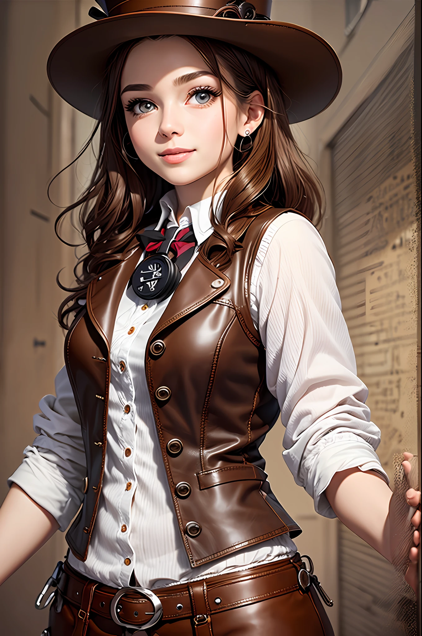 Clock and gear room, long dark brown fringe hair, brown eyes, 1 girl, top hat, 23 years old, beauty, smile, innocence, white blouse, leather vest, leather pants, 100mm lens, (photorealistic, lens flare: 1.4), looking right, (intricate details: 1.2), (masterpiece, : 1.3), (best quality: 1.4), (ultra high resolution: 1.2), ultra high resolution, (Detailed Eyes), (Detailed Facial Features), HDR, 8k Resolution, (Stethoscope), Far View, Floor Reflection, Low Cut Open Cross