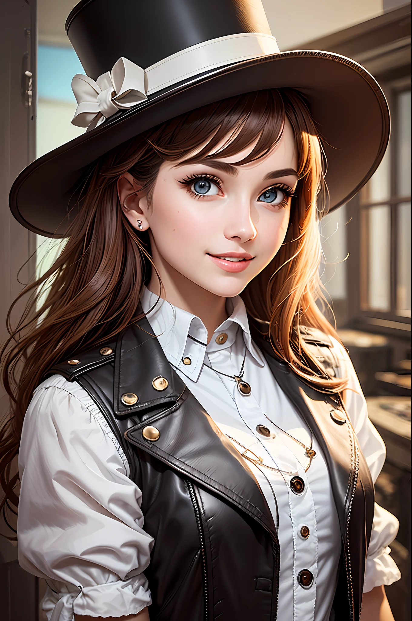 Clock and gear room, long dark brown fringe hair, brown eyes, 1 girl, top hat, 23 years old, beauty, smile, innocence, white blouse, leather vest, leather pants, 100mm lens, (photorealistic, lens flare: 1.4), looking right, (intricate details: 1.2), (masterpiece, : 1.3), (best quality: 1.4), (ultra high resolution: 1.2), ultra high resolution, (Detailed Eyes), (Detailed Facial Features), HDR, 8k Resolution, (Stethoscope), Far View, Floor Reflection, Low Cut Open Cross
