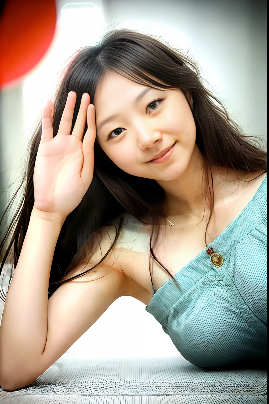 Masterpiece, top quality, modern Japan woman, smiling and slightly embarrassed, long hair, one hand on forehead