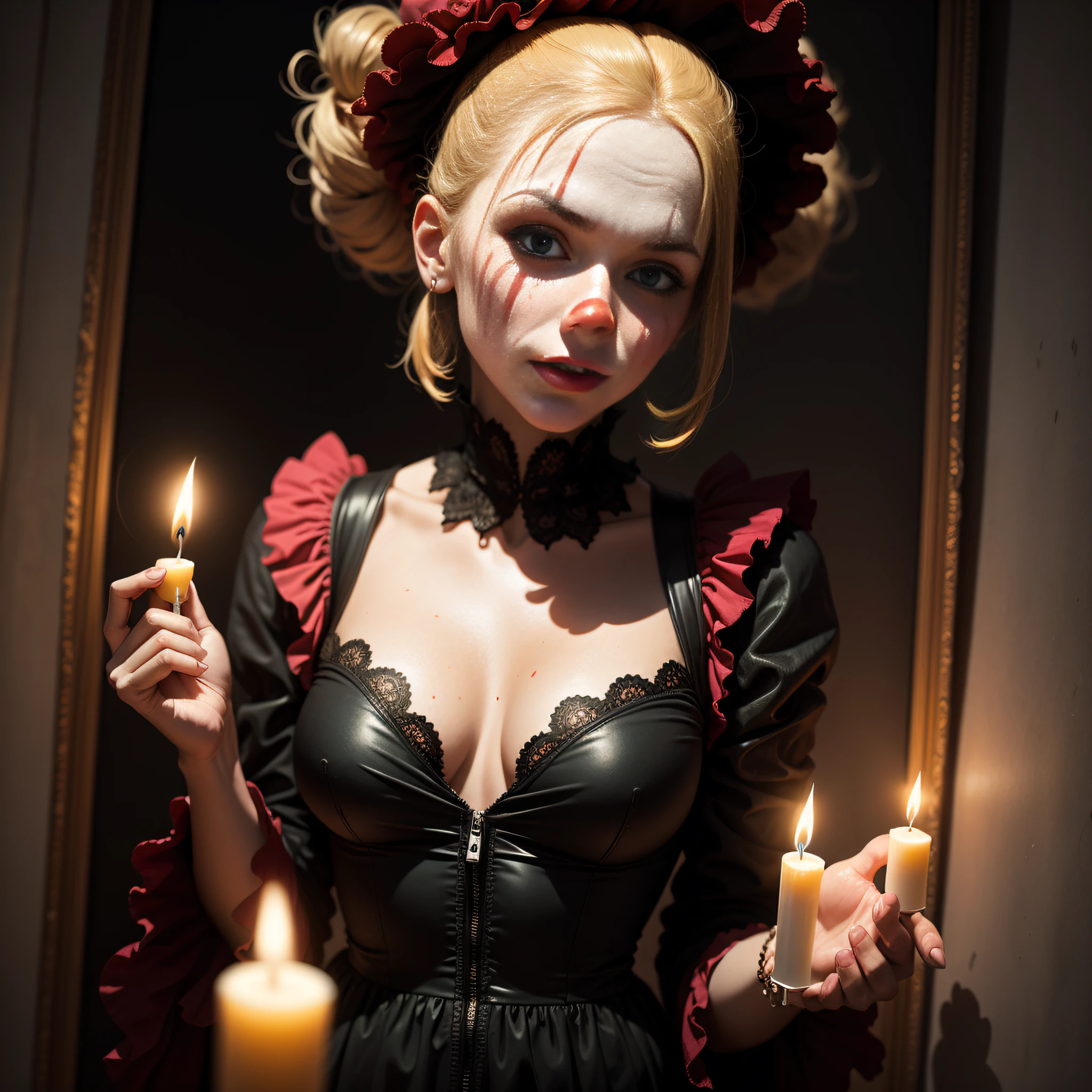 A polyester clown lighting a candle in the style of Nicola Samori and Dan Hillier