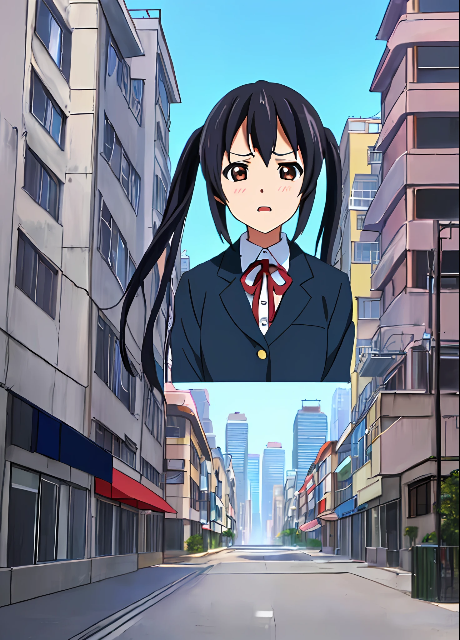 1girl, ((((Masterpiece))), Best Quality, Best Quality, High Detail, Azusa Nakano, 1girl, Sakuragaoka High School Uniform, Musical Instrument, School Uniform, Twin Tails, Long Hair, Black Hair, Brown Eyes, Solo, Red, Dark blue blazer with a thin ribbon of red, Solid white button shirt under blazer, Illustration, Cartoon, Soothing tones, Muted colors, Soft cinematic light, Adobe Lightroom, Photo Lab, HDR, complex and highly detailed, (((depth of field))))). (((Masterpiece))). (((highest quality))).) ((super detail))). (((Illustration))). (((Outside))). (((fighting stance))).,((((Giantization))).dynamic focus.small breasts. (((skyscrapers))). (((Cityscape))). (((Face of sadness))). open mouth.