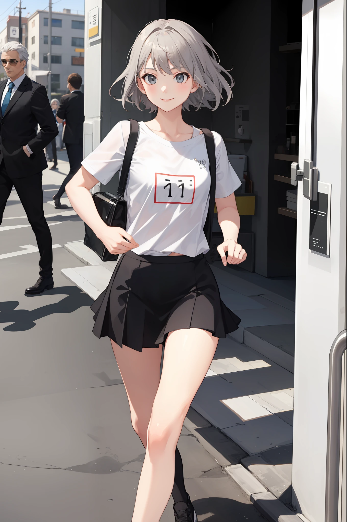 1 girl, smiling, shirt, skirt, (small) chillerism, gray hair, dashing and running, (moving),